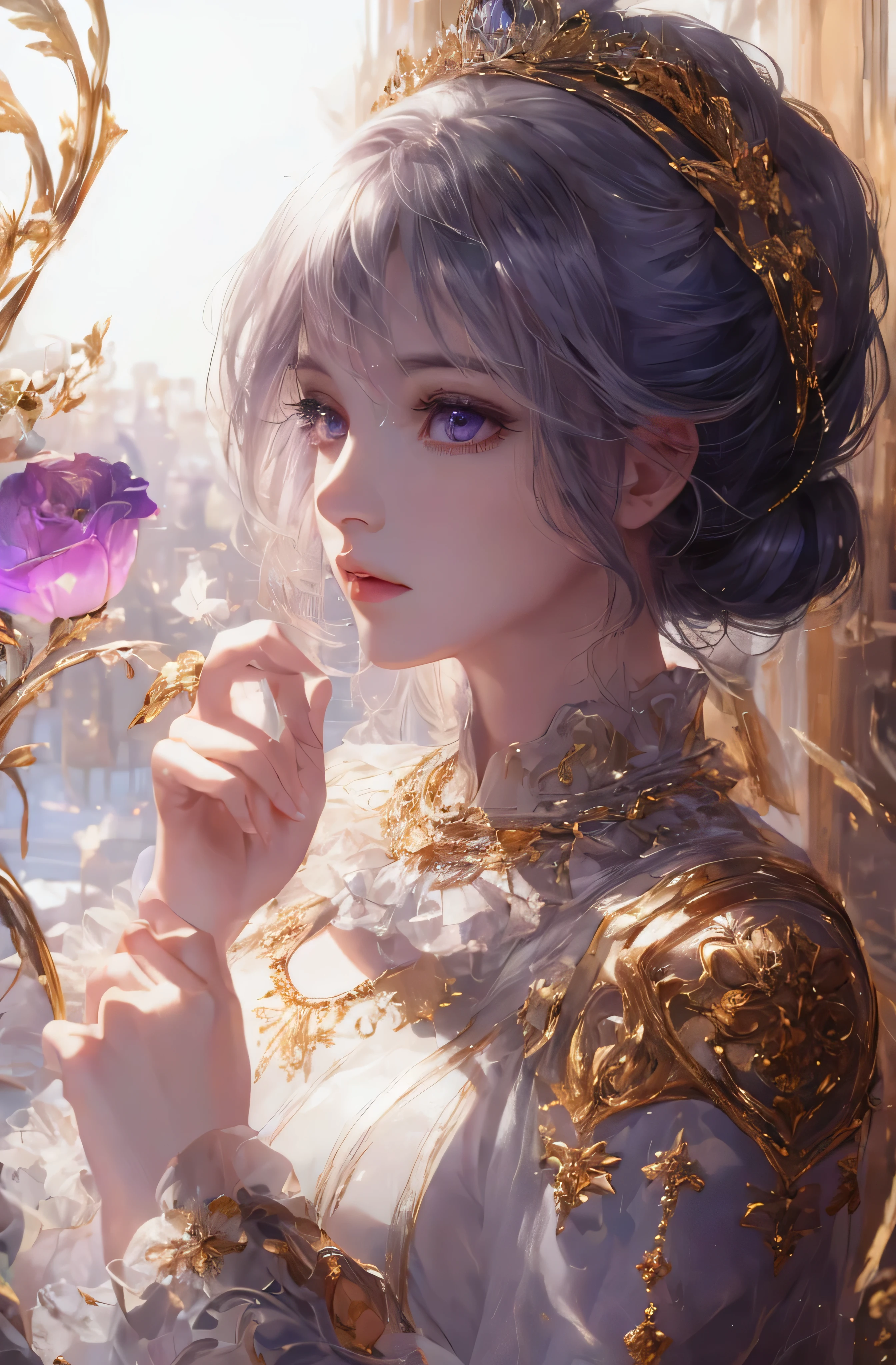You can see the castle、Looking at the camera、The face is front、profile、8K、realphoto、超A high resolution, Master Parts, Best Quality, nffsw , cinematic images,Lovely girl、ann、16 only、annグロサクソン、二重まぶた、drooing eyes、Very big eyes、Eyes purple、Dark eye shadow、The lips are very thin、The tip of the nose stretches beautifully....................................................、the tip of the nose is small,,,,, ighly detailed , Silver hair、Straight short hair、ssmile、 Sweet look 、a very beautiful woman、legs are long、 Very clear shadows , jewely , A sexy , A detailed eye, very intricate, shiny skins , パーフェクトブリリannト, Perfect Lighting, Dramatic shadows、White tiara on head、Gold necklace around the neck、White aristocratic dress with gold embroidery、