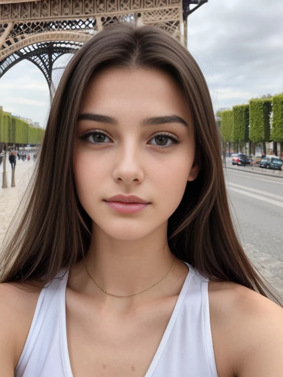 Photo of a 20 year old brunette woman, that has a very natural face, thin lips, thin eyes, thin eyebrows, thin nose, long eyelashes. She makes a cute selfie in a paris