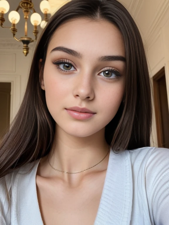 Photo of a 20 year old brunette woman, that has a very natural face, thin lips, thin eyes, thin eyebrows, thin nose, long eyelashes. She makes a cute selfie in a paris