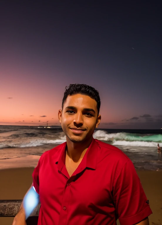 homem de camisa vermelha, animado, anime, realista, praia a noite e oceano ao fundo