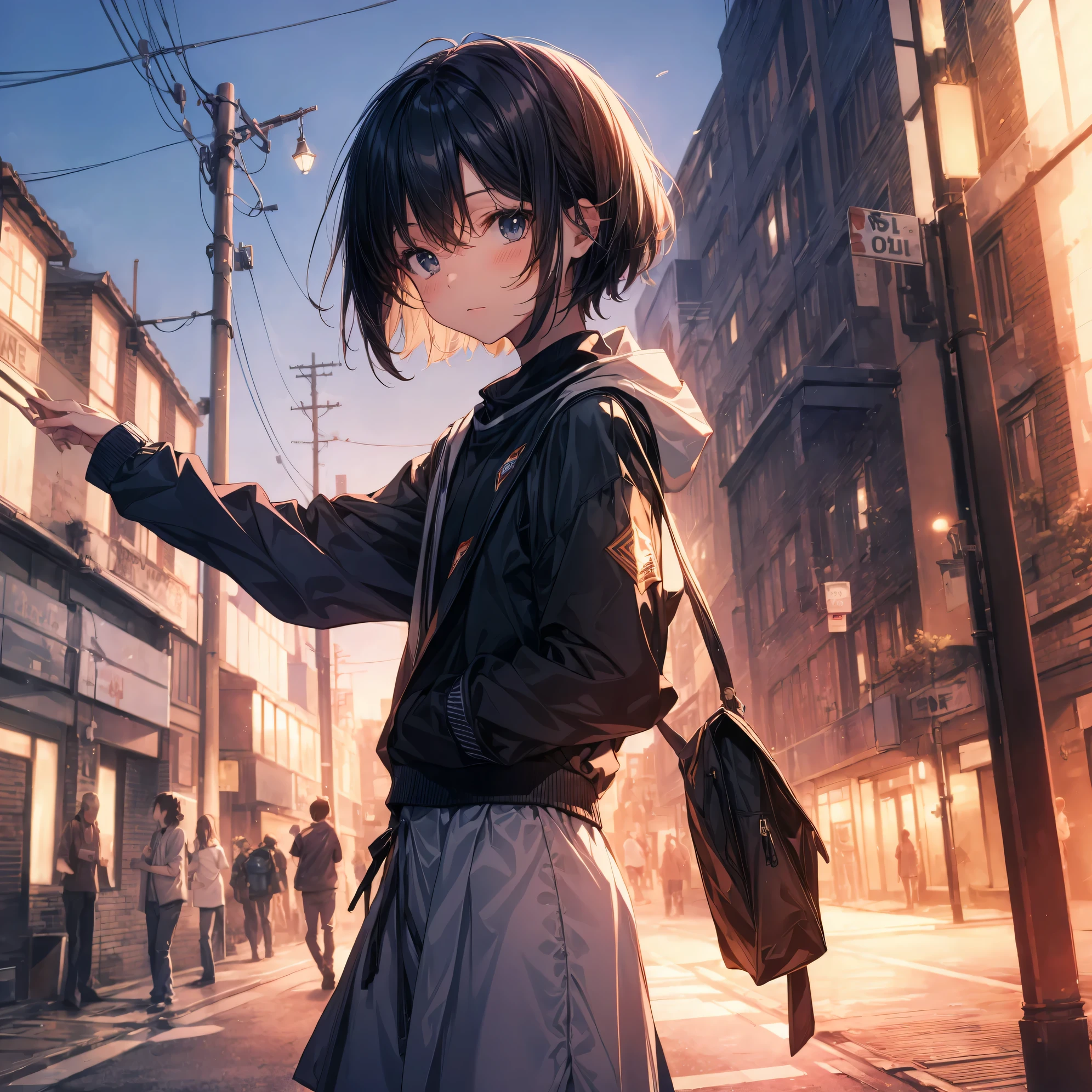 Super high quality by the art god, Ultra-detailed, High resolution, Shinkai Makoto style, anime moe art style, best anime 8K konachan wallpaper, Pixiv Contest Winner, Perfect Anatomy, BREAK,(Please draw a sleepy girl going to school alone.. ),BREAK, a hyperrealistic schoolgirl, (Solo,Lori,child,13years:1.3),Full limbs, complete fingers,a junior high school student, Androgynous attraction, (Very short hair), hair messy, flat chest, Small butt, groin, Small eyes,Beautiful detailed black eyes, Well-proportioned iris and pupils, disgusted eye, High resolution detailed hair, School uniform, Skirt,  On the way to school. BREAK,Ultra-detailed細なスキン, Best lighting by famous artists, 8K, Illustration,