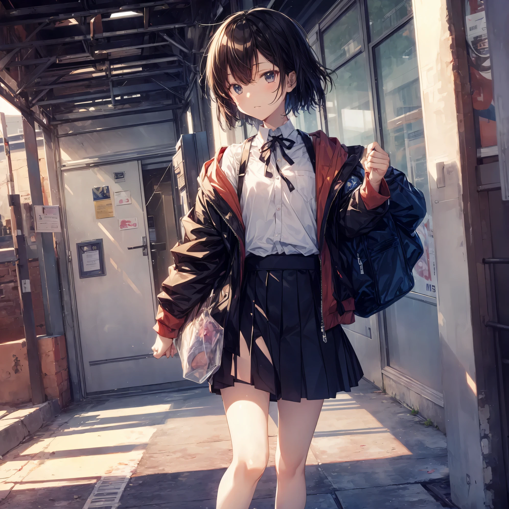 Super high quality by the art god, Ultra-detailed, High resolution, Shinkai Makoto style, anime moe art style, best anime 8K konachan wallpaper, Pixiv Contest Winner, Perfect Anatomy, BREAK,(Please draw a sleepy girl going to school alone.. ),BREAK, a hyperrealistic schoolgirl, (Solo,Lori,child,13years:1.3),Full limbs, complete fingers,a junior high school student, Androgynous attraction, (Very short hair), hair messy, flat chest, Small butt, groin, Small eyes,Beautiful detailed black eyes, Well-proportioned iris and pupils, disgusted eye, High resolution detailed hair, School uniform, Skirt, On the way to school. BREAK,Ultra-detailed細なスキン, Best lighting by famous artists, 8K, Illustration,