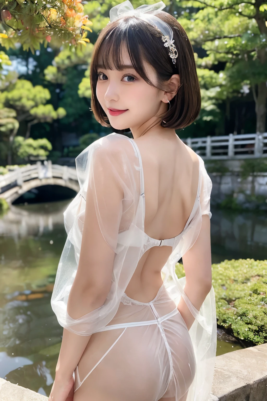 (Surreal), (illuminations), (A high resolution), (8K), (The is very detailed), (The best illuminationsneautiful detailed eyes), (quality), (ultra - detailed), (masterpiece), (wall-), (Detailed faceeatiful smiling face)、(beautiful countenance)、Medium length bob haircut、Earrings with bangs、独奏、(((Cute Japanese beautiful girl)))、  ((20-year-old Japanese beauty wears transparent tulle clothes)、 real looking skin、、非常巨bigger胸围、ruhrbodyesbian、bigger、 backgound、