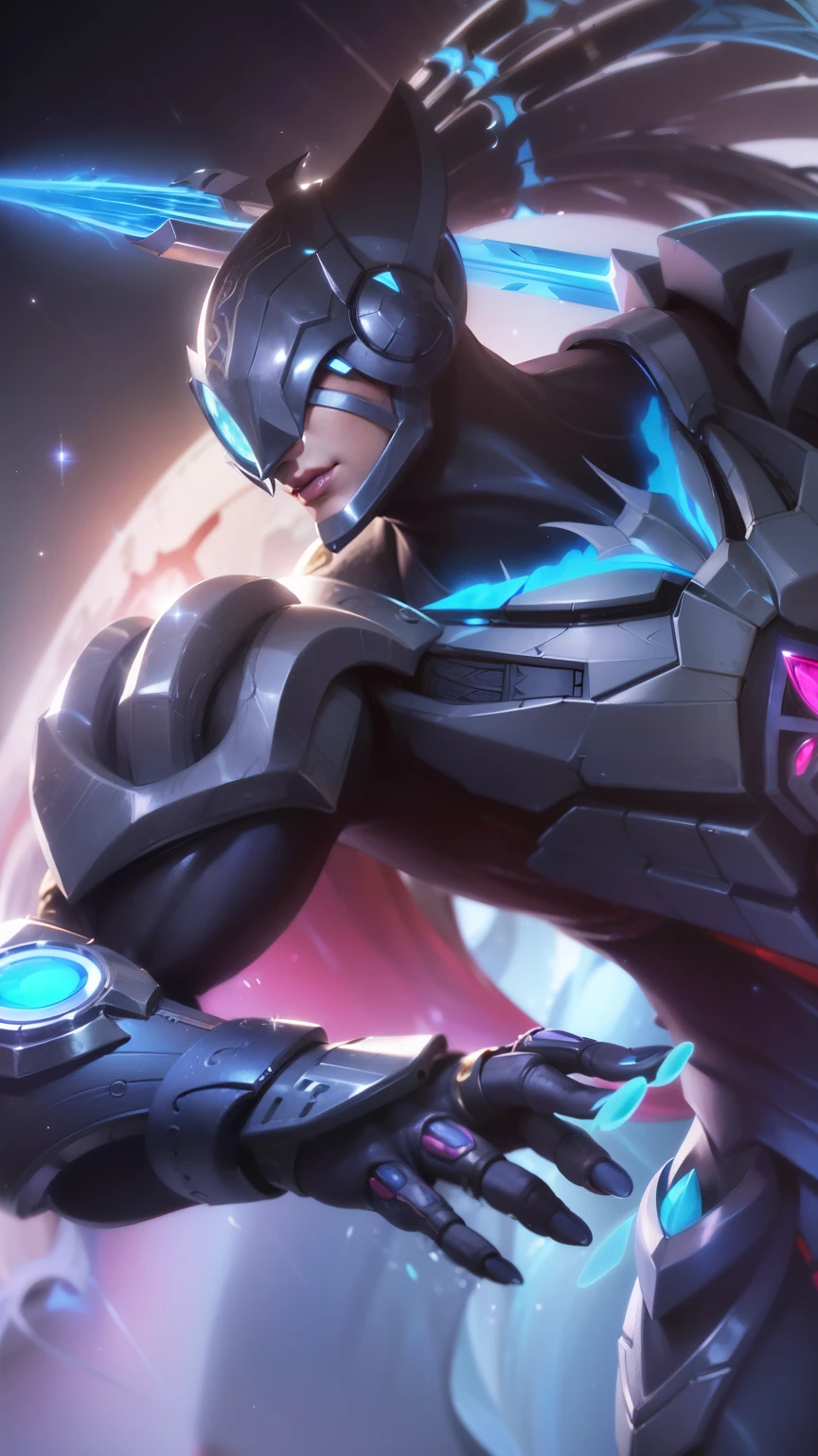 masculine male, masterpiece, ((perfect eyeest quality, (semirealism:1.9), beautiful lighting, (extremely detailed CG unity 4k fhd wallpaper), High Detail, Sharp focus, dramatic outdoors, 1 boy ,19 years old, white hair, light purpel eyes, smile, close-up of a person wearing a gold costume with a spear, inspired by Alpha Crimson Warrior, mobile legends splash art, fuchsia skin under armor, official splash art, shaco from mobile legends, mobile legends style, splash art, mobile legends splash art legend, iconic character splash art.