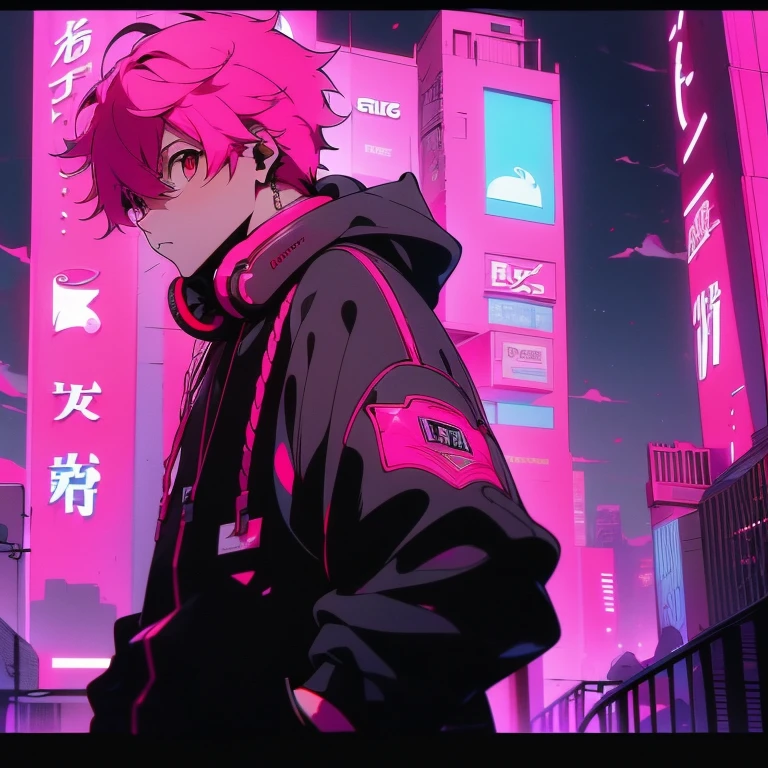 (short-cut), (Two-block hair), (vivid pink hair), (male character), (Red Eyes), (Cool pose), (of the highest quality), (​masterpiece), (ultra-detailliert), (Oversized hoodies), (Street), (neons), (Camera from low angle), (Modern City), (neonsデイライト), (Cinematic), (Stylish), (hight resolution), (Hyper Detailed), (Looking at the camera), (Anime-style), (Softtown), (nightcore), (a handsome man), (Listening to music through headphones), (natural appearance of the building), (casual), (ig studios anime style), (Standing Pose),