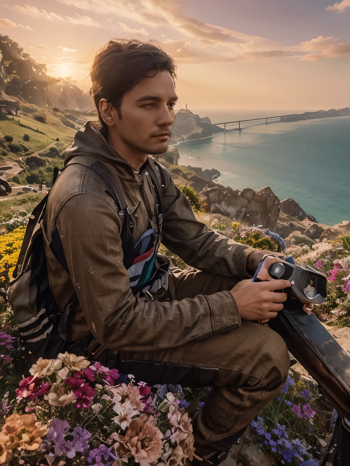 a cliff many flowers, colorful flowers, beautiful sky, matte painting 8k, matte paint 8K, vertical wallpaper 8K, vertical wallpaper 8K, vertical wallpaper 4K, vertical wallpaper 4K, lost series, realistic fantasy rendering, digital painting with 8K resolution, digital painting with 8K resolution, Jessica Rossier fantasy art, 4K rendered matte painting, matte paint rendered in 3D