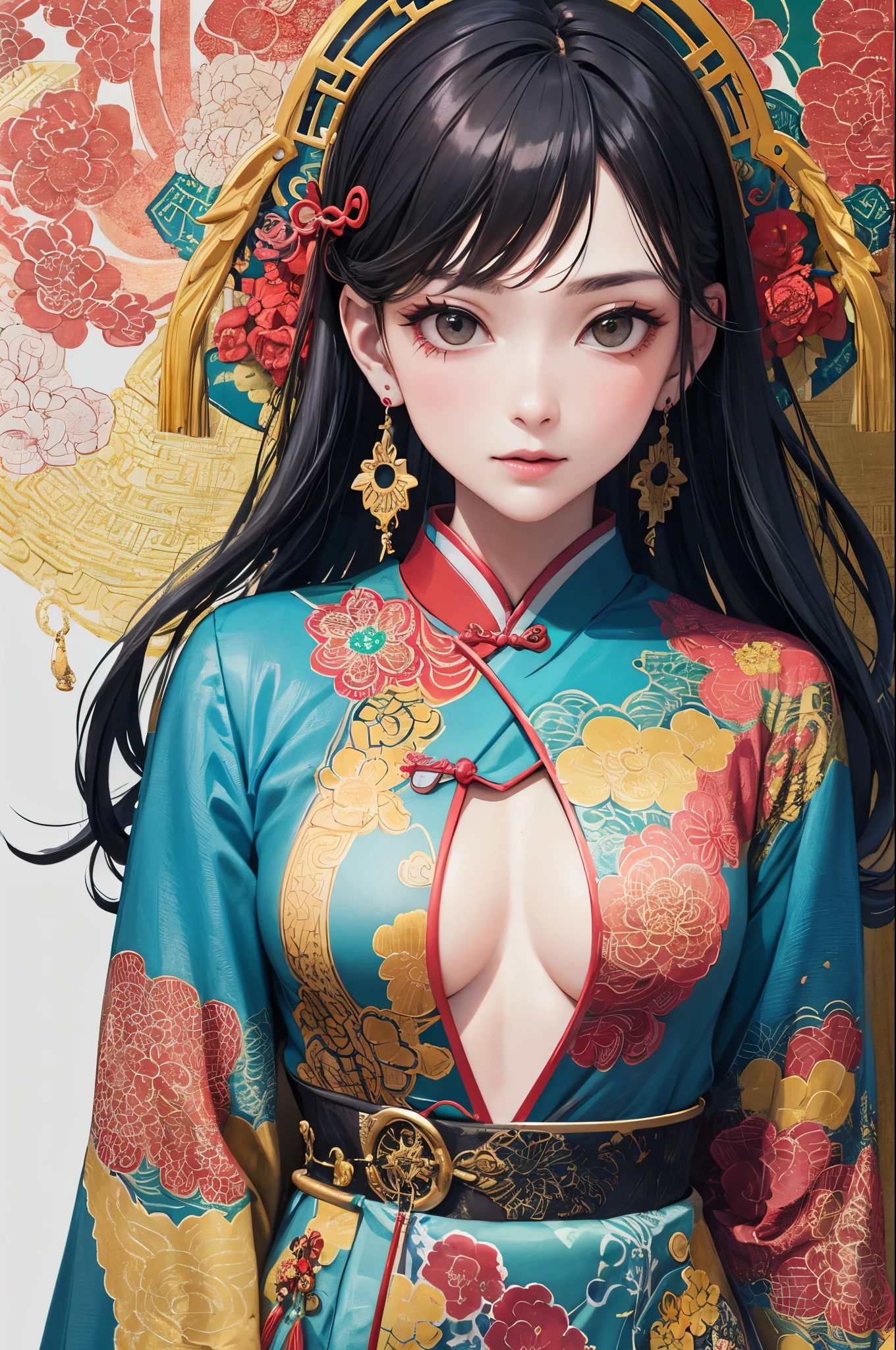 (tmasterpiece,quality,最佳quality,offcial art,Beauty and aesthetics:1.2),(1girl:1.3),The is very detailed,(s fractal art:1.1),(a color:1.1)(blossoms:1.3),Most detailed,( zentangle:1.2), (dynamic pose), (abstract background:1.3), (chinese Traditional cloth:1.2), (shiny skin), (many colors:1.4), ,(earrings:1.4),