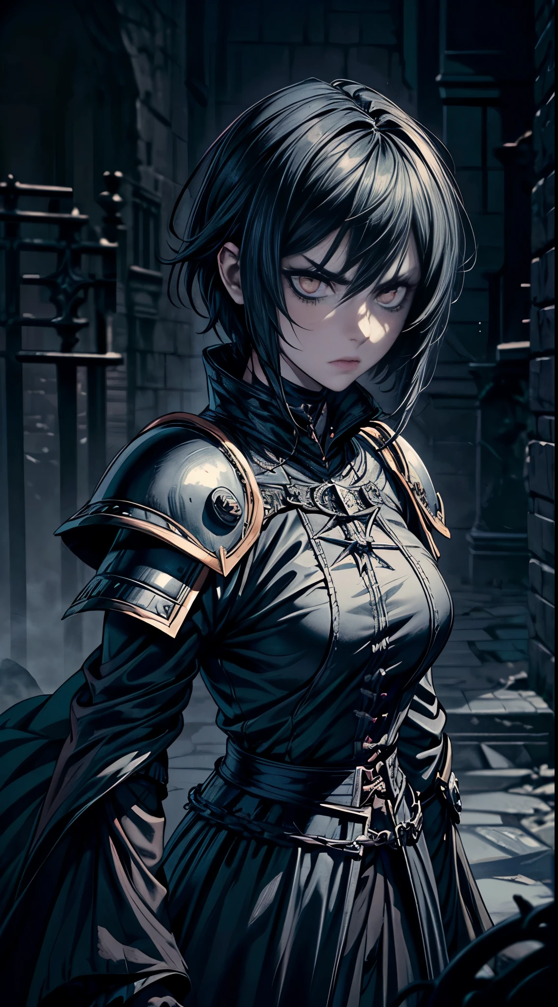 gloomy gothpunk Bloodborne female knight, angry, cloudy foggy misty setting, vast desolate field, castle in far distance, black eyeliner, black eyeshadow, tomboy, short hair, hair between eyes, side-locks, medieval intricate elaborate knight armor, narrow waist, perfect breast, dark atmosphere, highly detailed skin texture, extreme details,