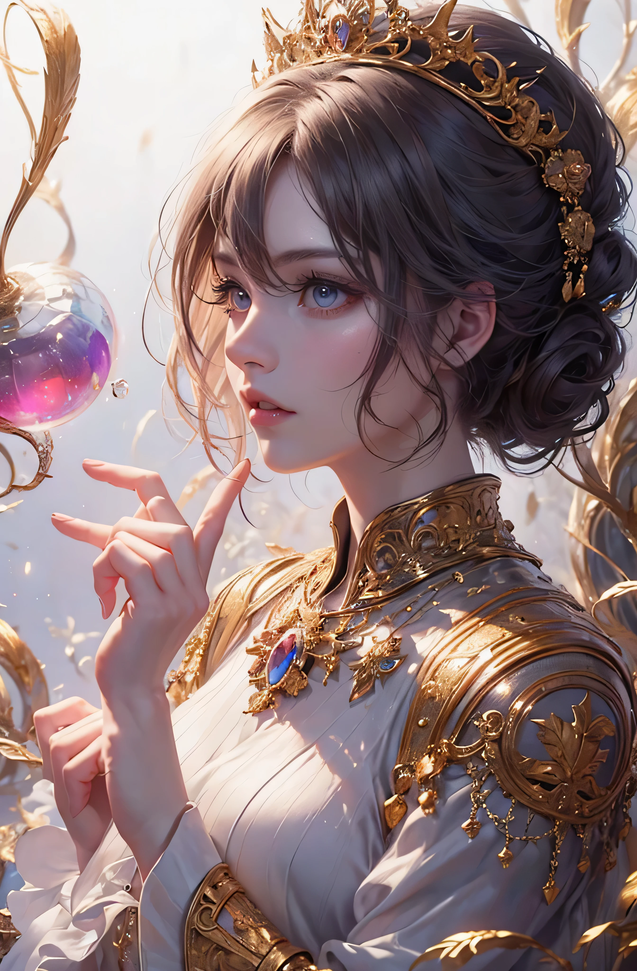 You can see the castle、Looking at the camera、The face is front、profile、8K、realphoto、超A high resolution, Master Parts, Best Quality, nffsw , cinematic images,Lovely girl、ann、16 only、annグロサクソン、二重まぶた、drooing eyes、Very big eyes、Eyes purple、Dark eye shadow、The lips are very thin、The tip of the nose stretches beautifully....................................................、the tip of the nose is small,,,,, ighly detailed , Silver hair、Straight short hair、ssmile、 Sweet look 、a very beautiful woman、legs are long、 Very clear shadows , jewely , A sexy , A detailed eye, very intricate, shiny skins , パーフェクトブリリannト, Perfect Lighting, Dramatic shadows、White tiara on head、Gold necklace around the neck、White aristocratic dress with gold embroidery、