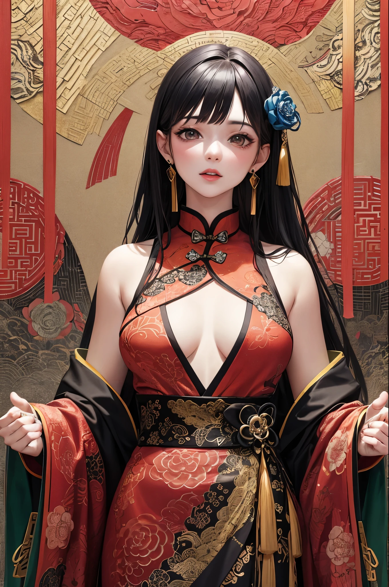 Period drama manga style A 15-year-old super beautiful Chinese girl with black hair in a bun cut Her arms are tied up and she is wearing a long sleeved Chinese dress, exposing her nipples.