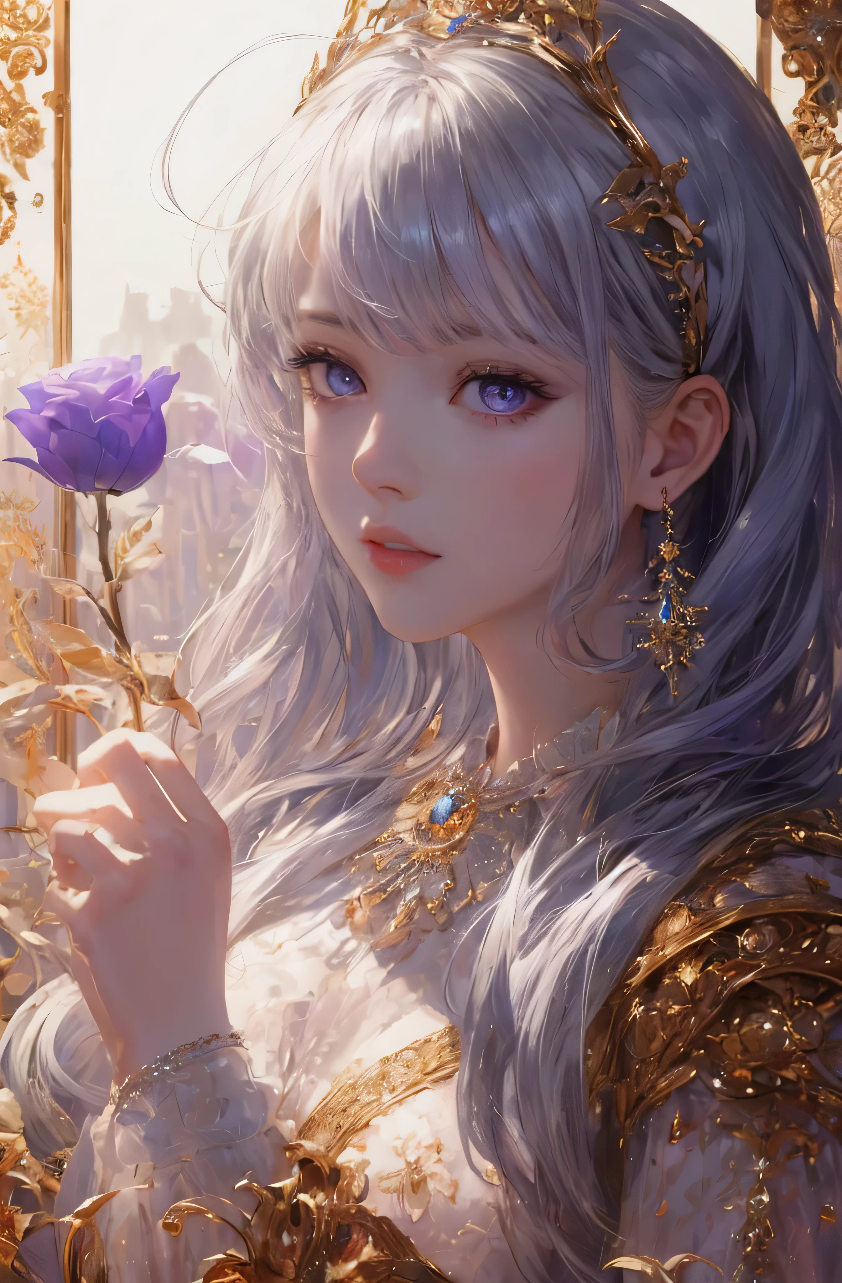 You can see the castle、Looking at the camera、The face is front、profile、8K、realphoto、超A high resolution, Master Parts, Best Quality, nffsw , cinematic images,Lovely girl、ann、16 only、annグロサクソン、二重まぶた、drooing eyes、Very big eyes、Eyes purple、Dark eye shadow、The lips are very thin、The tip of the nose stretches beautifully................................................、the tip of the nose is small,,,,, ighly detailed , Silver hair、Straight short hair、ssmile、 Sweet look 、a very beautiful woman、legs are long、 Very clear shadows , jewely , A sexy , A detailed eye, very intricate, shiny skins , パーフェクトブリリannト, Perfect Lighting, Dramatic shadows、White tiara on head、Gold necklace around the neck、White aristocratic dress with gold embroidery、