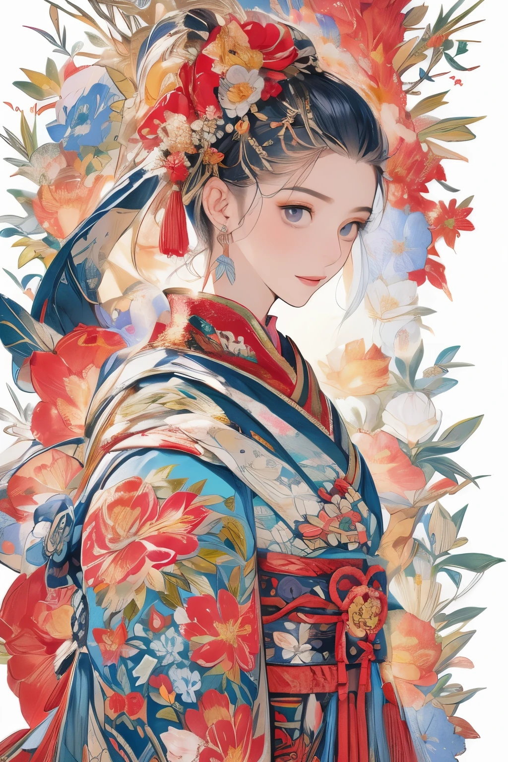 (masterpiece、top-quality、top-quality、Official art、Beautifully Aesthetic:1.4)、Painterly、sketch、Texture、超A high resolution、独奏、Beautuful Women、A highly detailed、(Fractal Art:1.1)、(colourfull:1.1)(florals:1.6)、The most detailed、(Zentangle:1.2)、(Dynamic Poses)、(Abstract background:1.3)、(shinny skin)、(Many colors:0.8)、(耳环:1.4)、(pluma:0.9)、Taisho romance