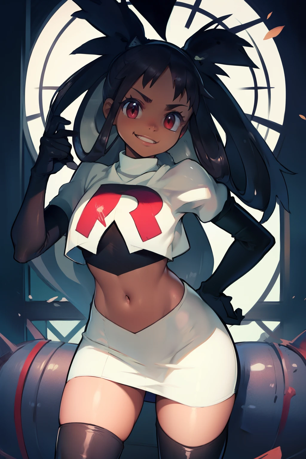 irisb dark skin, glossy lips ,team rocket,team rocket uniform, red letter R, white skirt,white crop top,black thigh-high boots, black elbow gloves , looking at viewer, evil smile