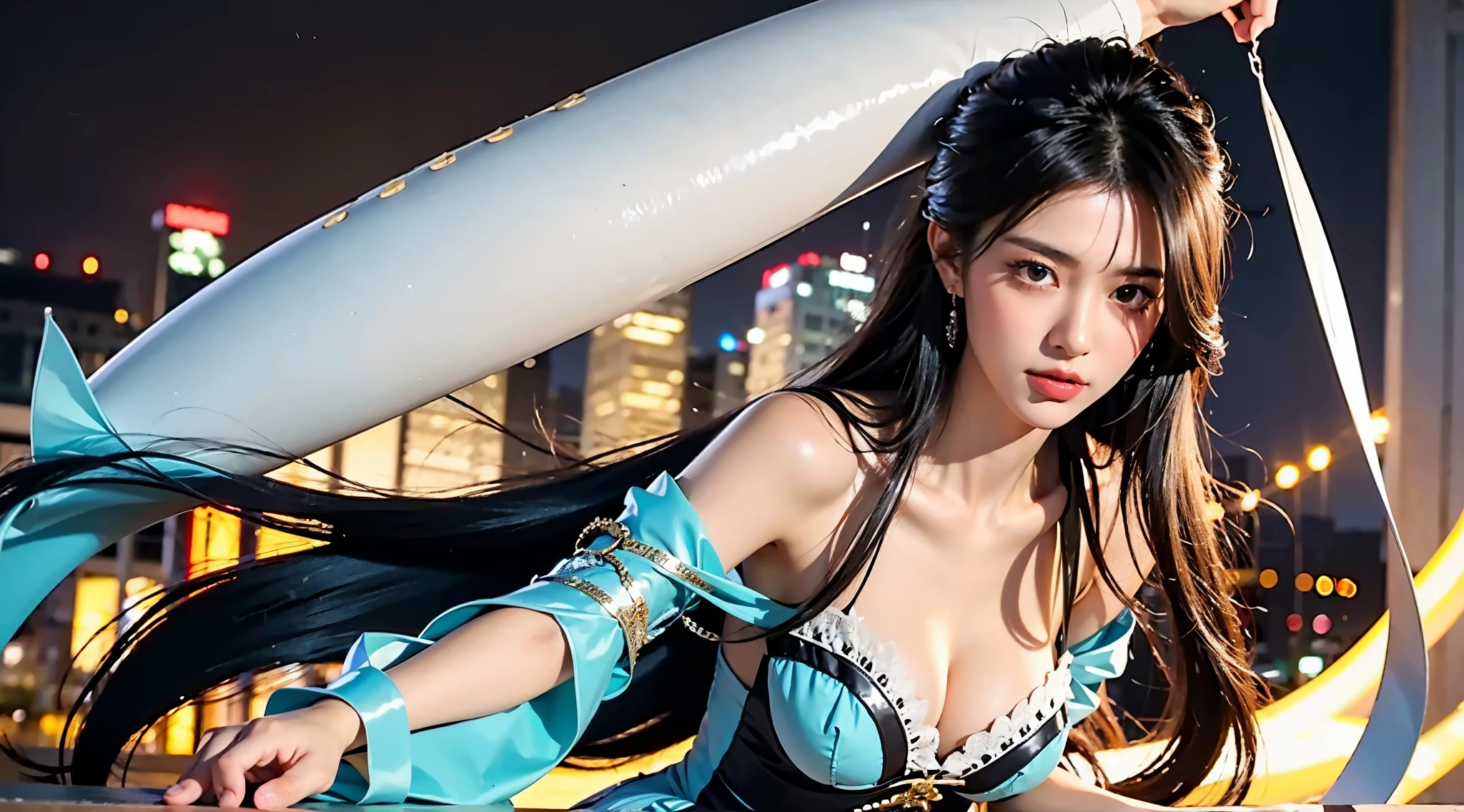 masterpiece,best quality,1girl, black hair, bare shoulders, long hair, dress,cowboy shot, dynamic pose, dynamic angle,