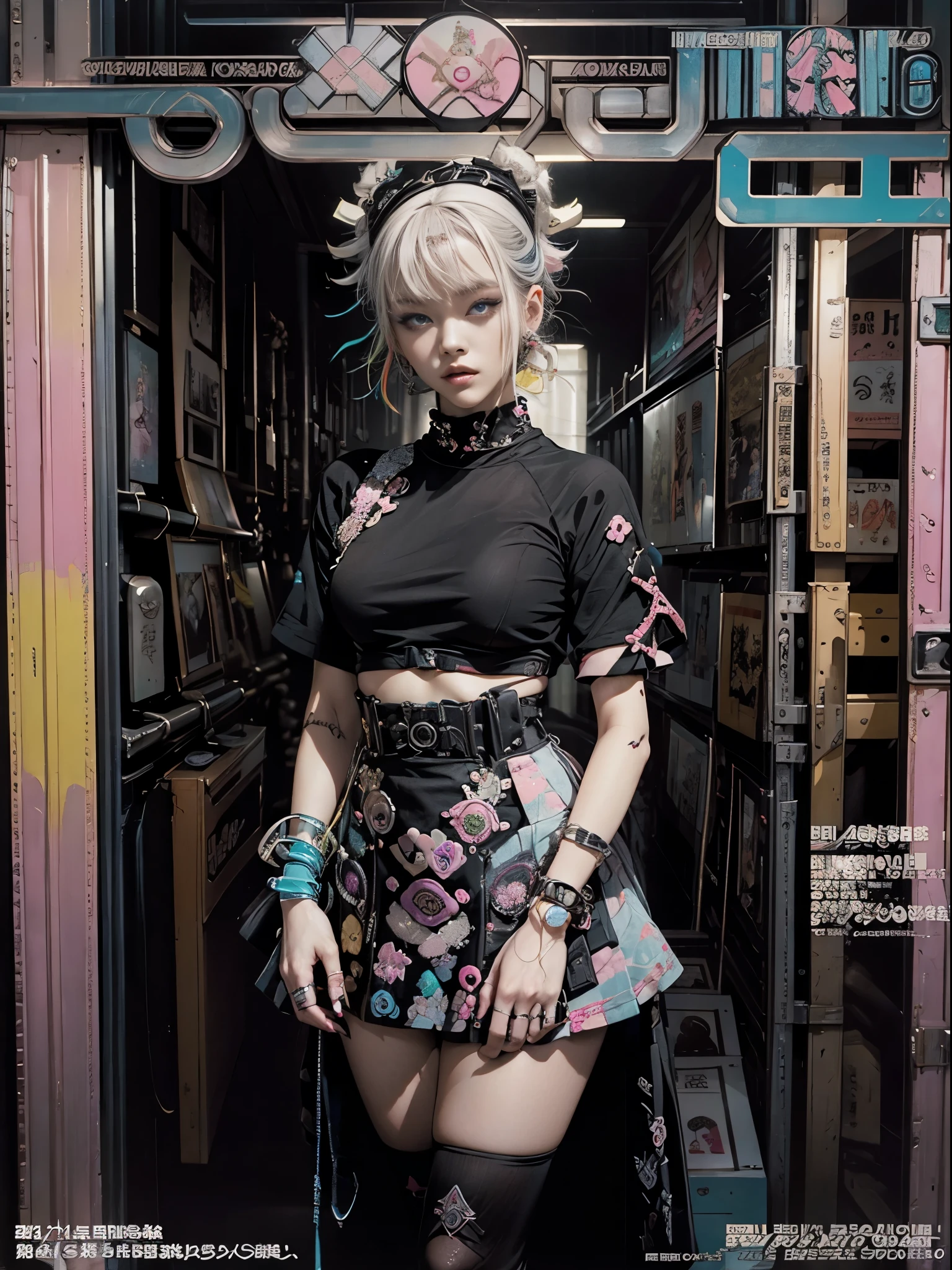 Flowing_contour biomechanical__cybernetic_airbrush___Strange__(((Japanese Harajuku style Fashion_((((Magazine_cover), (black Harajuku style clothing), bright colors)))__art_decor_Border)))__porcelain_and_Platinum / Futuristic Cyberpunk woman with porcelain skin, (cybernetic implants.)