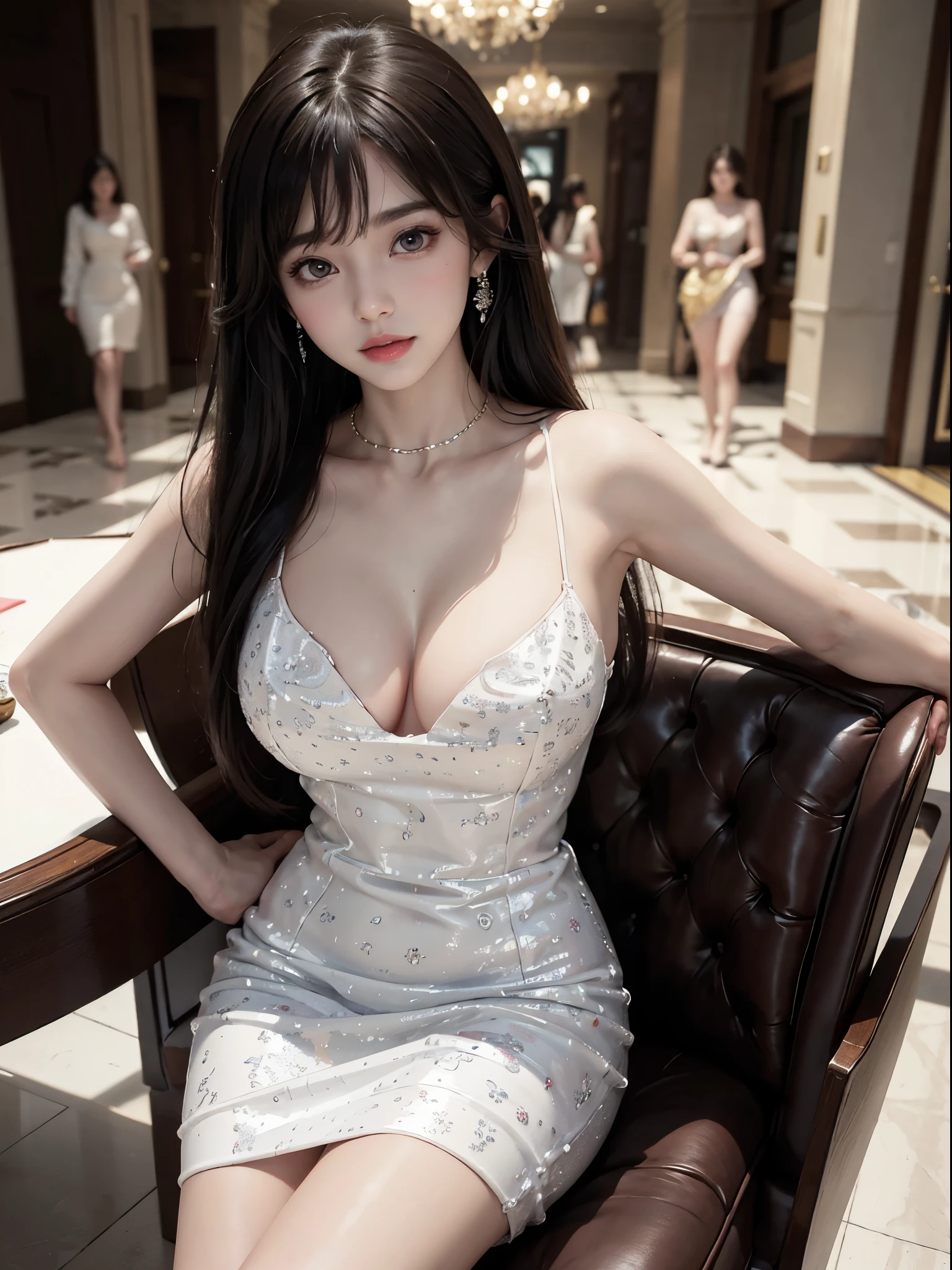 white dress, cleavage, large breasts, Brown hair long、silky straight hair、Big eyes with bangs and eyeliner、Nordic youth、perfect body figure、A plump chest、Chopping、Very beautiful and lovely、Hefty Smile、White muscle、Skin glows、Young and beautiful skin、Perfect and beautiful little face、Shiny makeup、Thin pink lip gloss expression、girl、lipsticks、Deceptive advertising、{steams}、Audience point of view、Primetime Lightokeh Atmosphere Perspective、Detailed film light、Complicated details、A high resolution、 Detailed features of the facial design、high detal、Clear focus、Smoothness、aesthetics、print、Octane renderer、{{tmasterpiece}}