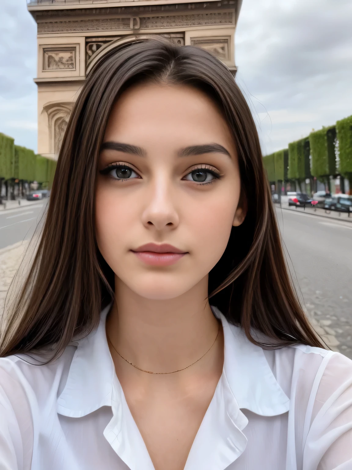 Photo of a 20 year old brunette woman, that has a very natural face, thin lips, thin eyes, thin eyebrows, thin nose,full body, long eyelashes. She makes a cute selfie in a paris