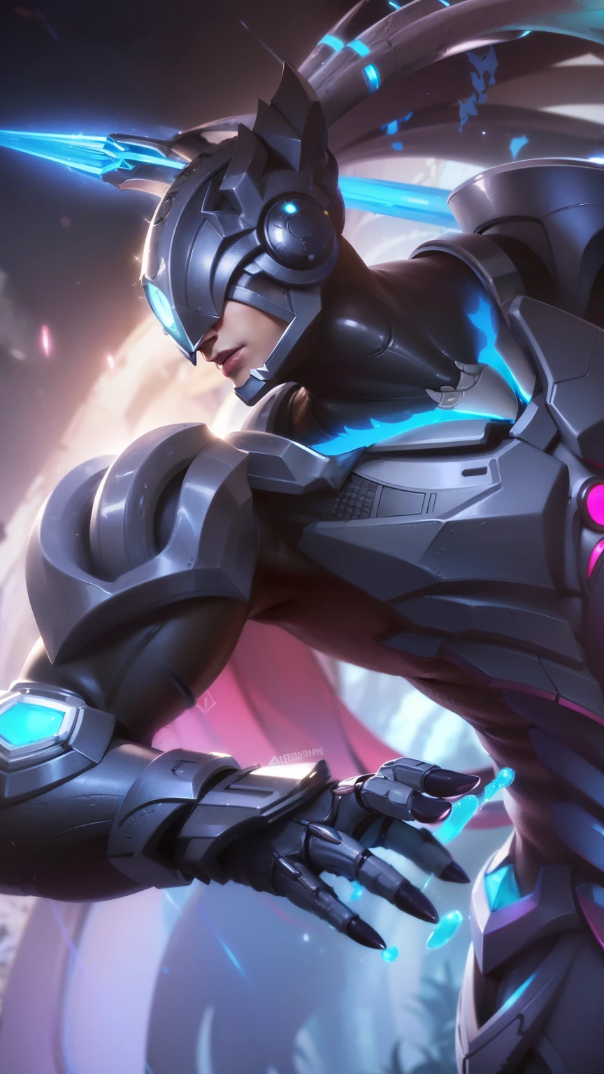 masculine male, masterpiece, ((perfect eyeest quality, (semirealism:1.9), beautiful lighting, (extremely detailed CG unity 4k fhd wallpaper), High Detail, Sharp focus, dramatic outdoors, 1 boy ,19 years old, white hair, light purpel eyes, smile, close-up of a person wearing a gold costume with a spear, inspired by Alpha Crimson Warrior, mobile legends splash art, fuchsia skin under armor, official splash art, shaco from mobile legends, mobile legends style, splash art, mobile legends splash art legend, iconic character splash art.