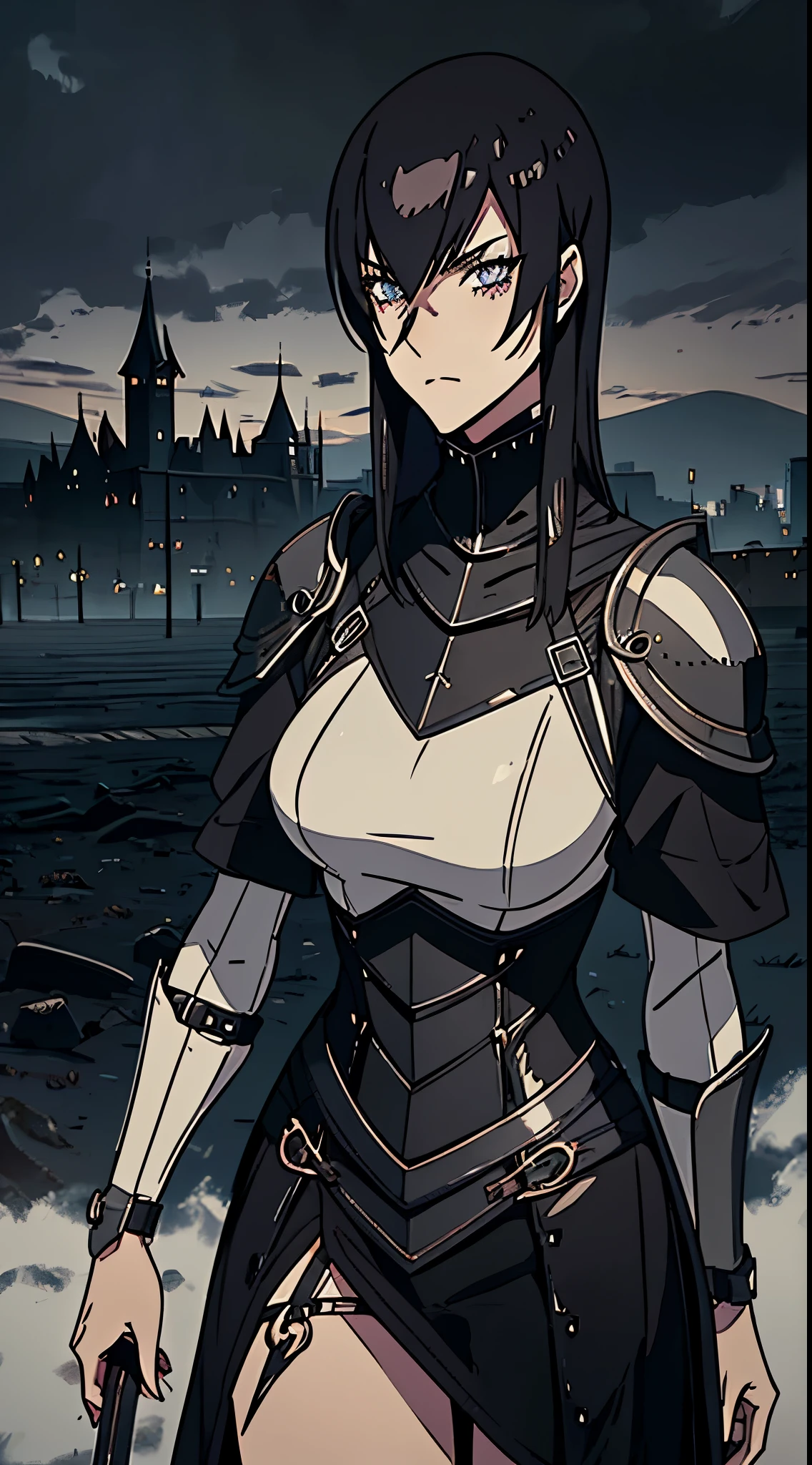 gloomy goth emo female knight, depressed, cloudy foggy misty setting, vast desolate field, castle in far distance, black eyeliner, black eyeshadow, tomboy, short hair, hair between eyes, side-locks, medieval intricate elaborate knight armor, narrow waist, wide hips, overcast