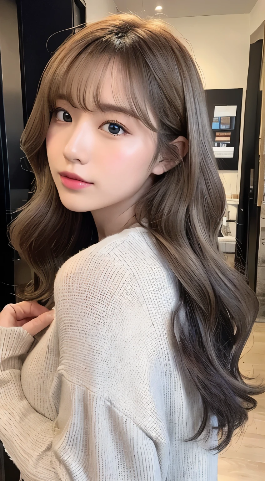 (top-quality、16K resolution)女の子1人、独奏、natural soft light、small tits、A Japanese Lady、Looking at the camera、White long-sleeved knit、(Beauty Salon Background)、(posterior view)is standing、Woman in her late teens、Light bangs、long hair salon model、Natural look、portlate、floated hair、Hair curled with a 32mm curling iron、(Highlight Color Hair)Gray hair