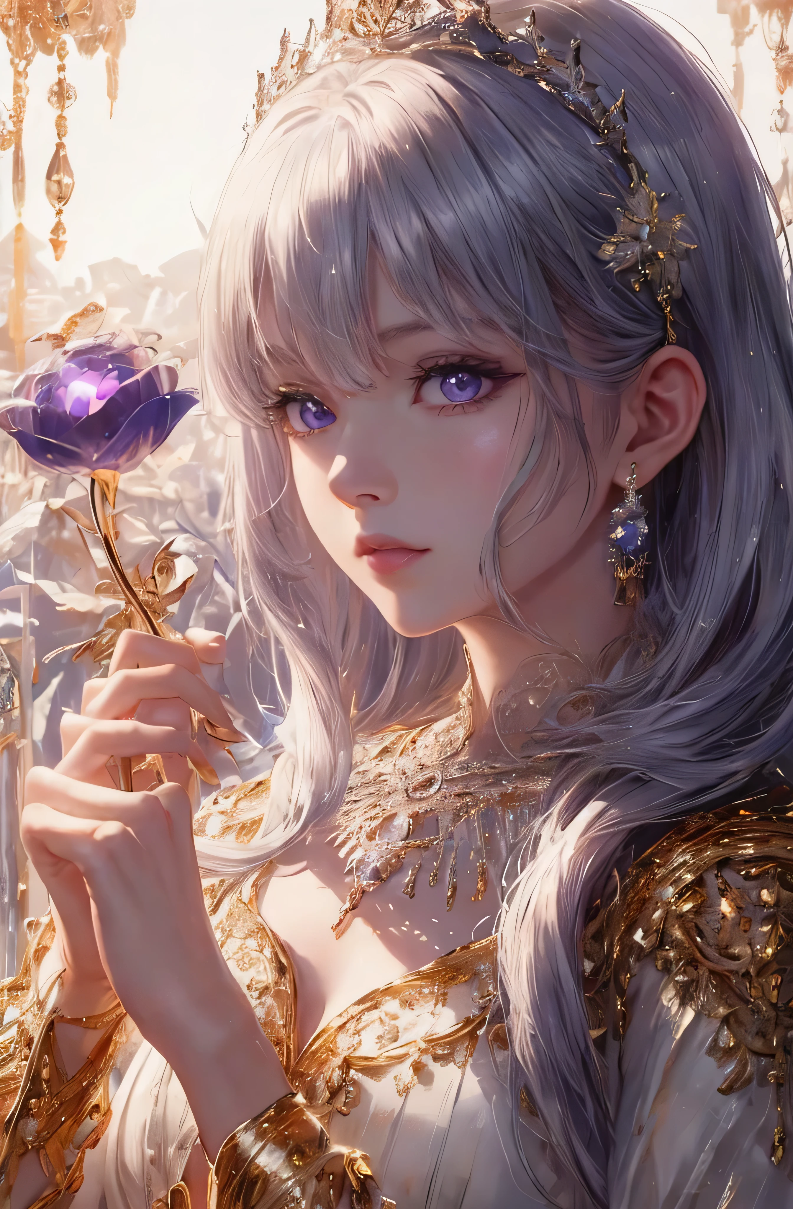 You can see the castle、Looking at the camera、The face is front、profile、8K、realphoto、超A high resolution, Master Parts, Best Quality, nffsw , cinematic images,Lovely girl、ann、16 only、annグロサクソン、二重まぶた、drooing eyes、Very big eyes、Eyes purple、Dark eye shadow、The lips are very thin、The tip of the nose stretches beautifully...............................................、the tip of the nose is small,,,,, ighly detailed , Silver hair、Straight short hair、ssmile、 Sweet look 、a very beautiful woman、legs are long、 Very clear shadows , jewely , A sexy , A detailed eye, very intricate, shiny skins , パーフェクトブリリannト, Perfect Lighting, Dramatic shadows、White tiara on head、Gold necklace around the neck、White aristocratic dress with gold embroidery、