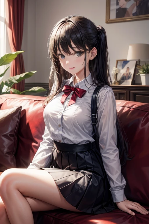 quality、lighting like a movie、 1 girl in、sitting in the couch、ssmile、pleatedskirt、The kinky is exposed、
