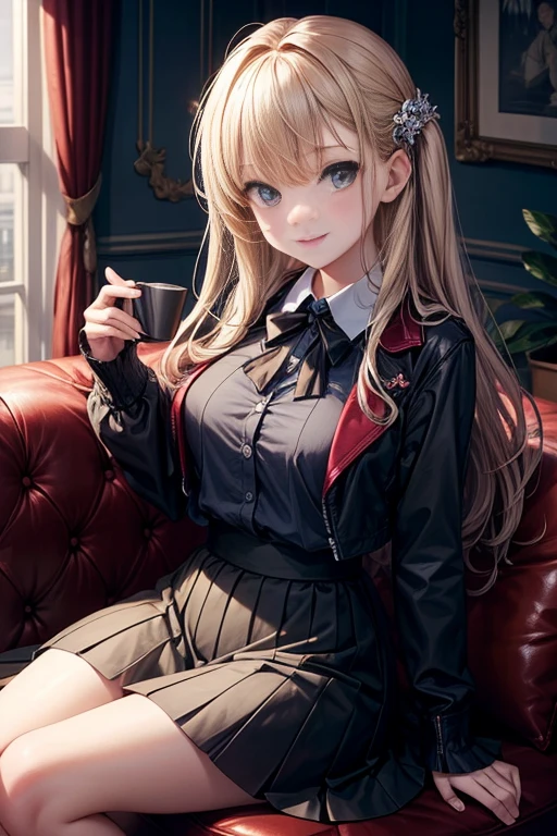 quality、lighting like a movie、 1 girl in、sitting in the couch、ssmile、pleatedskirt、The kinky is exposed、
