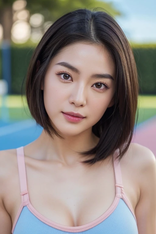 Japanese actress Asami Mizukawa、Transparent beautiful skin、Eyes with long slits and a cool impression、speak slowly and politely、Hidden core strength、A dark-hairedが似合う、Makeup that is not too flashy、Makeup looks natural、Beautiful posture、Small face、The nasal muscles are passing through、the corners of the mouth are turned upwards、The width of the forehead、Less than one third of the vertical width of the face、The boundary between the eyebrows and the base of the nose is deeply depressed、The distance between the left and right eyes is、Narrower than one eye width、the distance between the eyes and eyebrows、Narrower than one vertical width of the eye、The outline is、Oval or long-faced type、The shape of the jaw is similar to an inverted triangle、Hairstyles、natural one-len、(The highest image quality:1.35), Realistic Photos, (One Woman:1.33), Beautiful expression, (A detailed eye:1.4), (Black eyes:1.4), (A detailed face:1.35), (smil), (Looking at the camera:1.4), (Lustrous hair:1.4), (A dark-haired:1.45), (muscular body:1.2), High resolution, Sporty physique, (Large breasts:1.2), (Shorthair:1.4), (Beautiful woman), (Cute navel:1.35), (Depth of field f/1.2:1.45), Sharp Focus, Raw photo, (pink track and field bloomers for sprinters:1.5), (pink sports bra for sprinters:1.4), (pink track bloomers:1.5), (pink athletic sports bra:1.4), (spreading arms), (Strong thighs:2.0), (Turn your face to the front:1.4), (cowboy shot:1.45), (athletic field:1.2), (blue-sky:1.45),