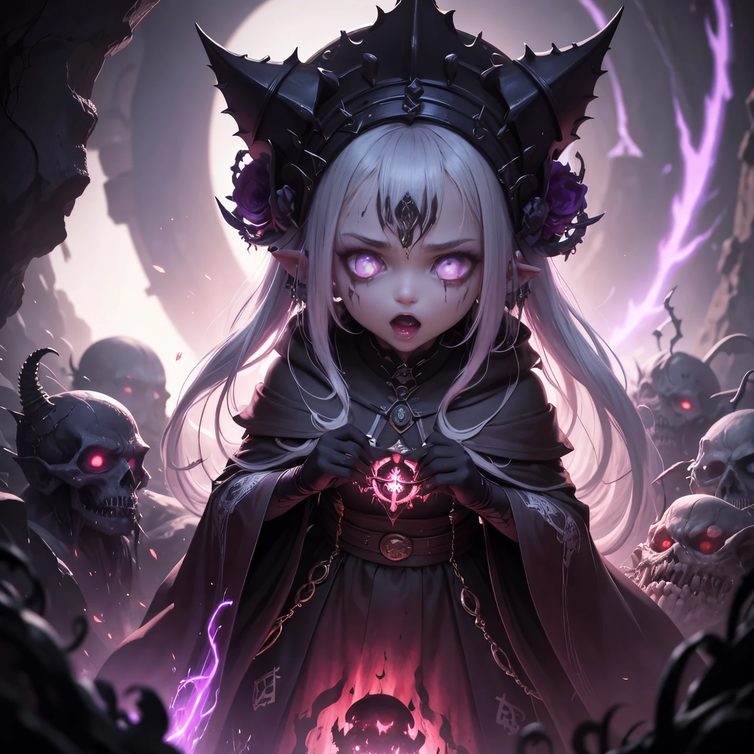 Uma criatura, entidade, caos nuclear, Azathoth. Deusa Cega, ensanguentadas cobrindo seus ((3 olhos)), cabelos brancos, boca coberta por correntes, white kimono with blood petals, demonio, bestial skull, correntes ensanguentadas, preso, ossos Behemoth, manic eye aberration, membros suturados, tentacles, ossos, dentes, presas afiadas, acorrentado, expression of insanity, loucura, dungeon dungeon environment, 8k, qualidade ultra HD.
