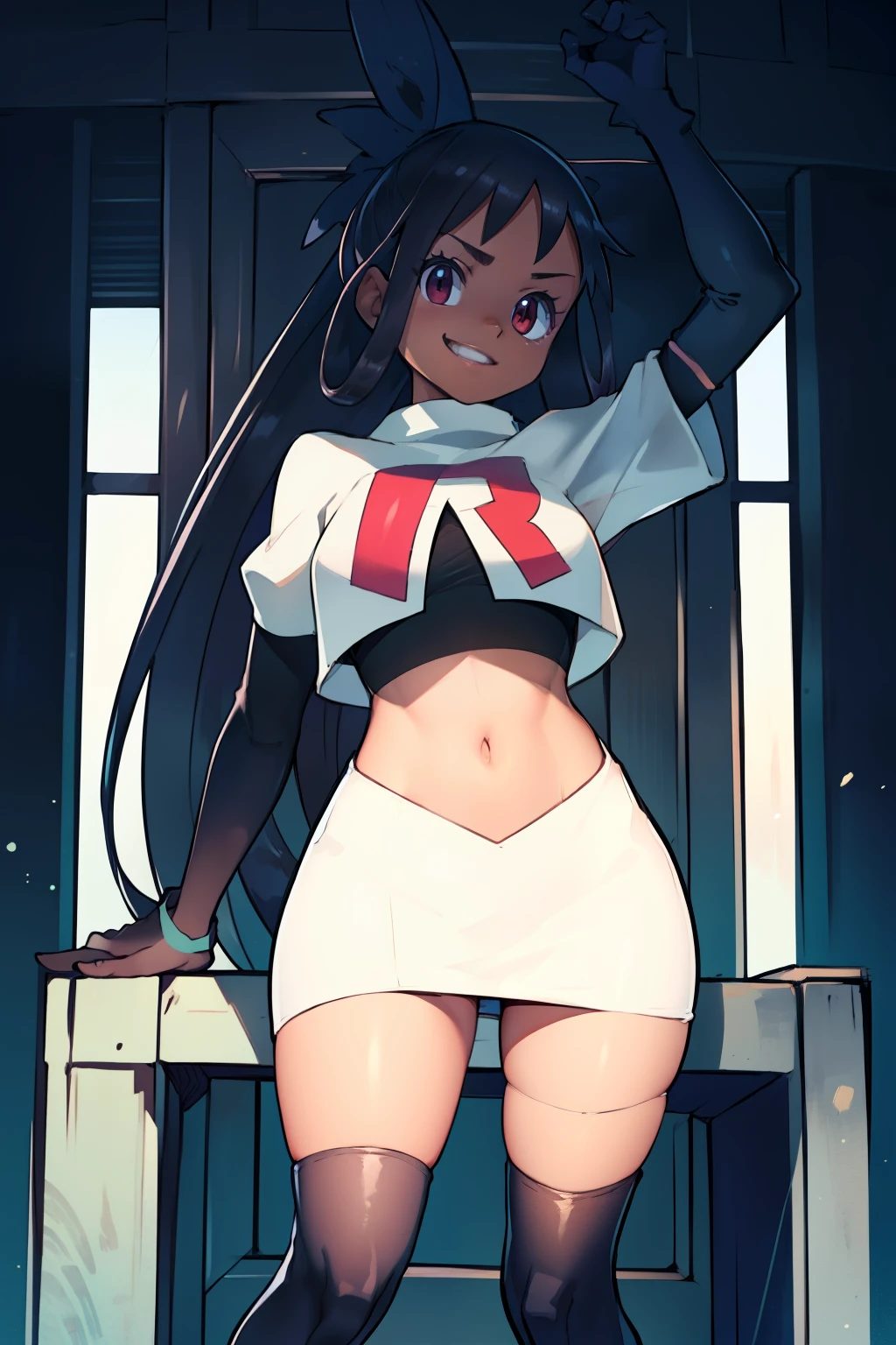 irisb dark skin, glossy lips ,team rocket,team rocket uniform, red letter R, white skirt,white crop top,black thigh-high boots, black elbow gloves , looking at viewer, evil smile