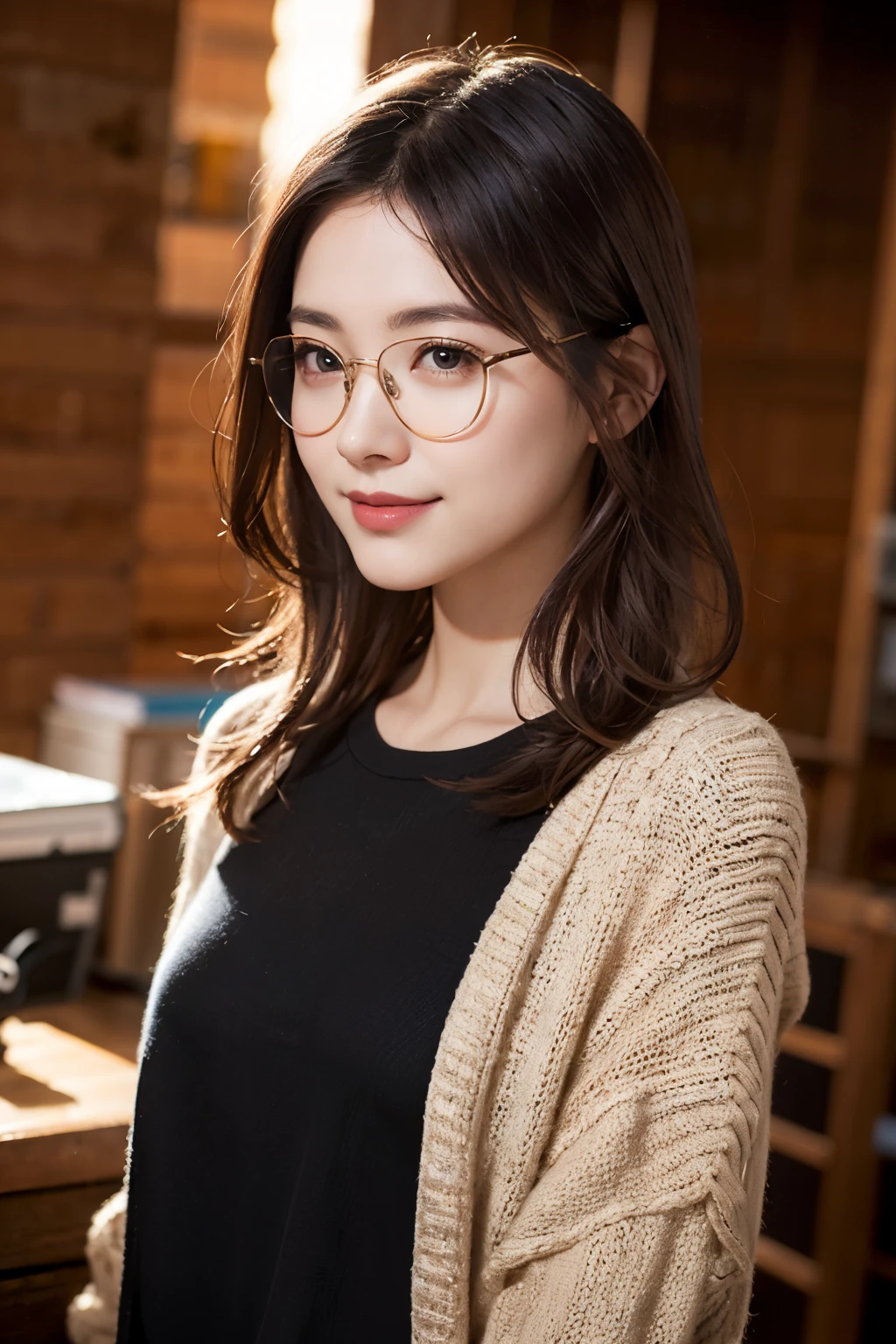 (8K、Raw photography、top-quality、masterpiece:1.2)、(realisitic、Photorealsitic:1.37)、ultra-detailliert、超A high resolution、女の子1人、see the beholder、beautifull detailed face、A smile、Constriction、(Slim waist) :1.3)、Beautiful detailed skin、Warm clothes for winter、Skin Texture、Floating hair、Office district on a winter morning、Black square glasses 、Whole human body、Black hair、
