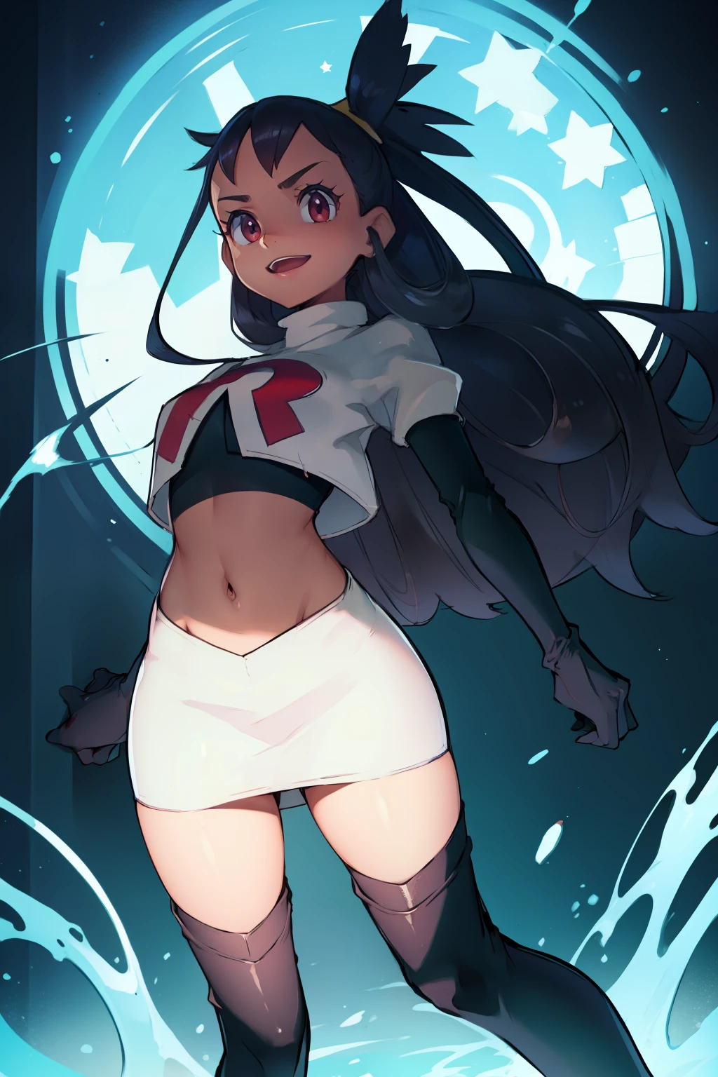 irisb dark skin, glossy lips ,team rocket,team rocket uniform, red letter R, white skirt,white crop top,black thigh-high boots, black elbow gloves , looking at viewer, evil smile