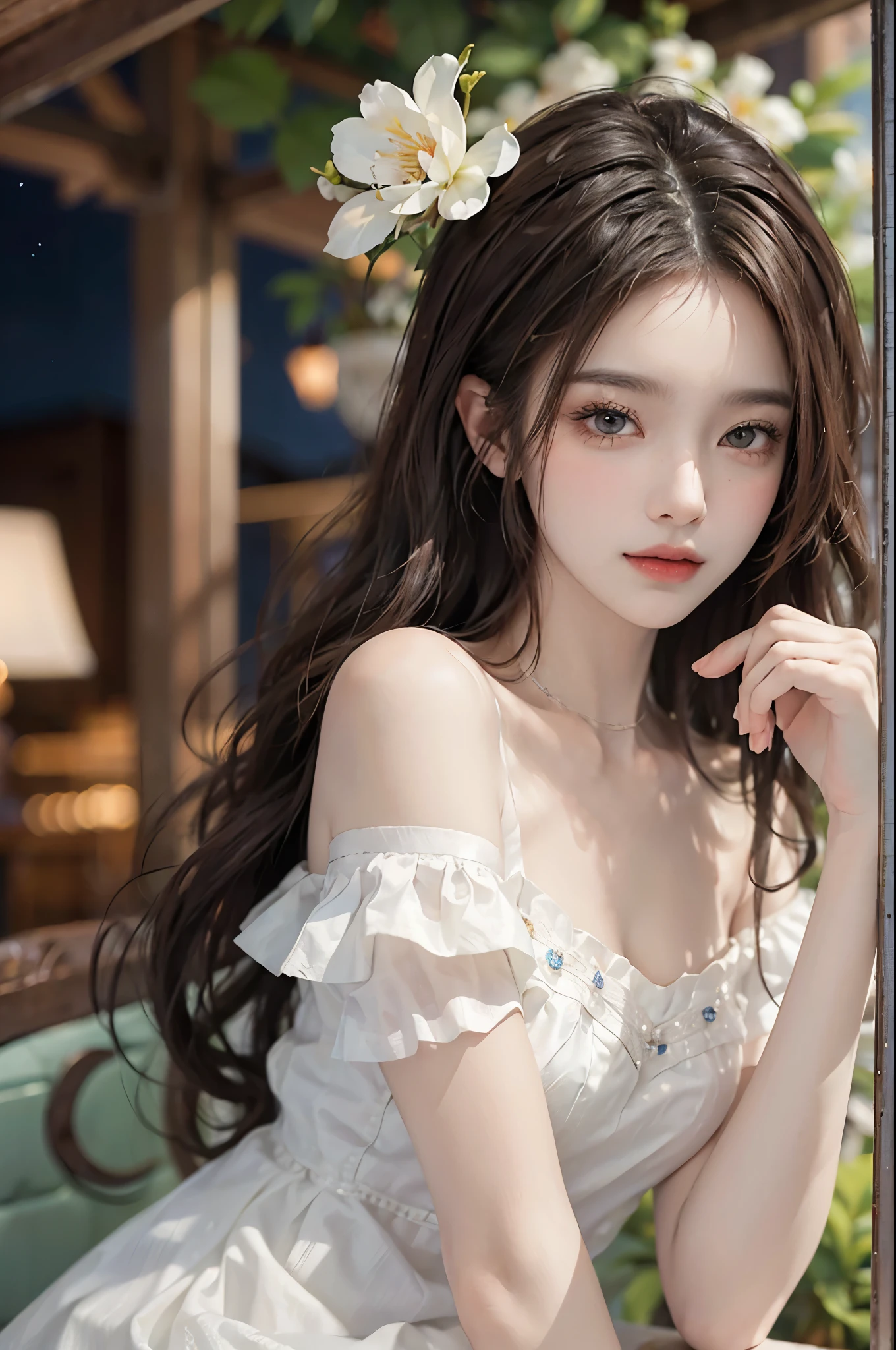 Sweet girly clothes 4,Off-the-shoulder dress,jewely, Redlip, a matural female, cosmetics, largeeyes, pretty eyes, ((Random shooting angle best quality, tmasterpiece:1.2), ultra - detailed, (actual:1.37), The beautiful, youthful, Charming model with (詳細な目, 詳細な唇, extremely 詳細な目), white and floral, show a bright smile, Create stunning girl images, a warm color palette, Extremely high color saturation, offcial art, extremely detaild的 CG unified 8k wallpapers,(HighDynamicRange :1.4), (Cinematic),(pastelcolor, dull colors, Soothing tone :1.3), (Natural skin texture, ultra-actual, softlighting, Sharp),(The is very detailed), the night, rays of moonlight, In an antique pavilion, Sitting on the bench against the guardrail