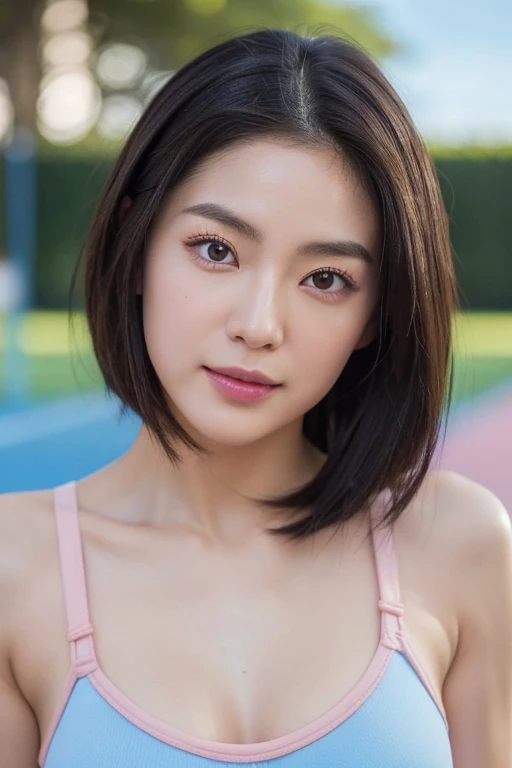 Japanese actress Asami Mizukawa、Transparent beautiful skin、Cool impression with long slit eyes、speak slowly and carefully、hidden core strength、A dark-hairedが似合う、Makeup that is not too flashy、Makeup looks natural too、Beautiful posture、a small face、The nasal muscles are passing through、the corners of the mouth are turned upwards、forehead width、Less than one third of the vertical width of the face、The border between the eyebrows and the base of the nose is deeply concave、The distance between the left and right eyes is、、narrower than the width of one eye、distance between eyes and eyebrows、Narrower than one vertical width of the eye、The outline is、Oval or long surface type、The shape of the jaw resembles an upside down 、Hairstyles、natural one-len、(The highest image quality:1.35), Realistic Photos, (One Woman:1.33), Beautiful expression, (A detailed eye:1.4), (Black eyes:1.4), (A detailed face:1.35), (smil), (Looking at the camera:1.4), (Lustrous hair:1.4), (A dark-haired:1.45), (muscular body:1.2), High resolution, Sporty physique, (Large breasts:1.2), (Shorthair:1.4), (Beautiful woman), (Cute navel:1.35), (Depth of field f/1.2:1.45), Sharp Focus, Raw photo, (pink track and field bloomers for sprinters:1.5), (pink sports bra for sprinters:1.4), (pink track bloomers:1.5), (pink athletic sports bra:1.4), (spreading arms), (Strong thighs:2.0), (Turn your face to the front:1.4), (cowboy shot:1.45), (athletic field:1.2), (blue-sky:1.45),