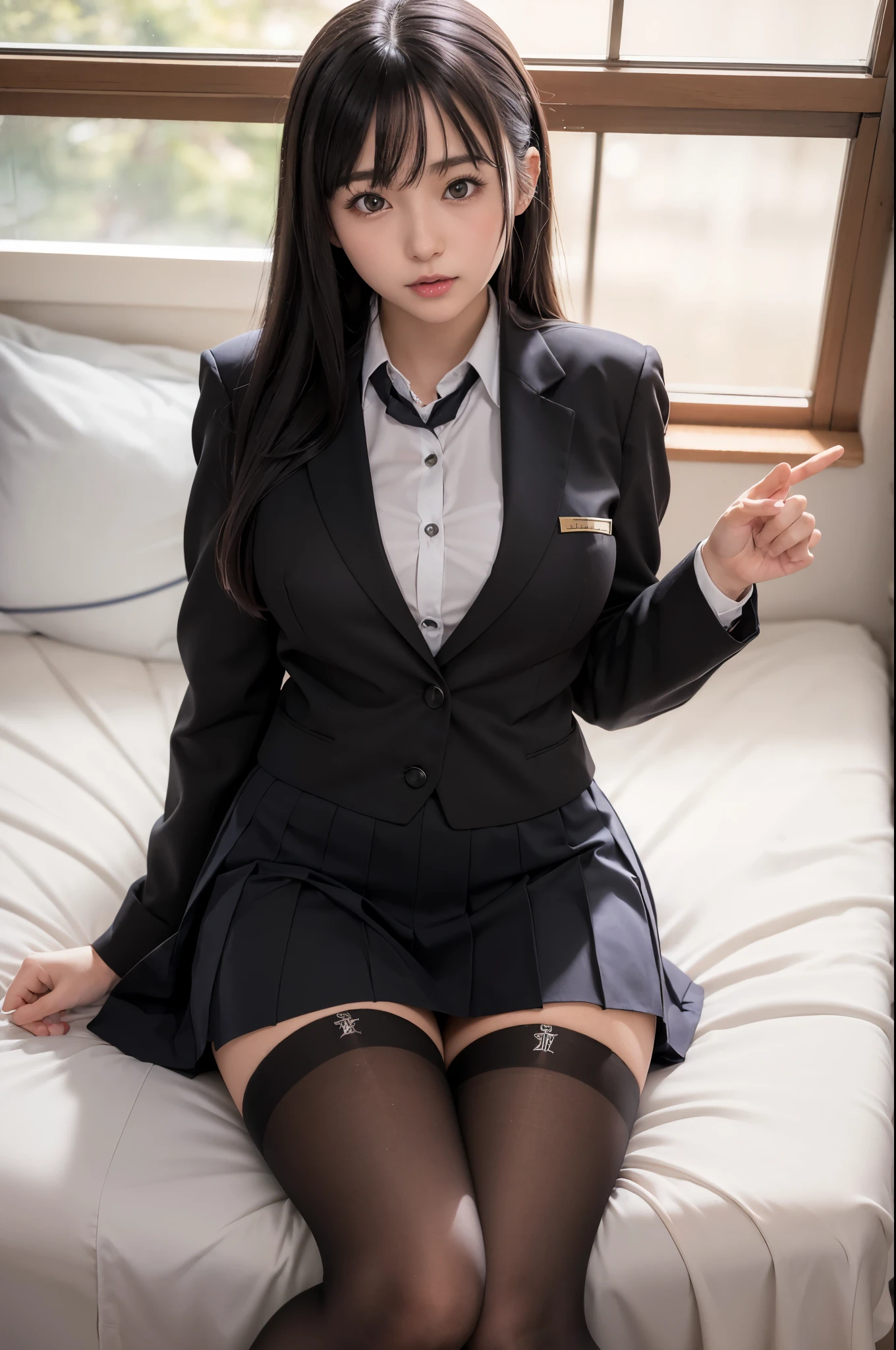 (​masterpiece:1.3), (8K, Photorealsitic, Raw photography, Top image quality: 1.4), Classy elite girl sitting on a park bench, Phenomenally cute face、wearing japanese school uniform, Wear ultra-realistic pantyhose、japanese girl school uniform, Japan school uniform, wearing headmistress uniform, Young Pretty Gravure Idol, photograph taken in 2 0 2 0, dressed as schoolgirl, Wearing school uniform, Wearing a strict business suit, Young skinny gravure idol, Seifuku、Full-length and black stockings, pantyhose tights, Complete legs, 19-year-old girl, 1 8 I, Posing in the bedroom, nylon tights, Leg and thigh shots, Posing in bed, wearing in stocking