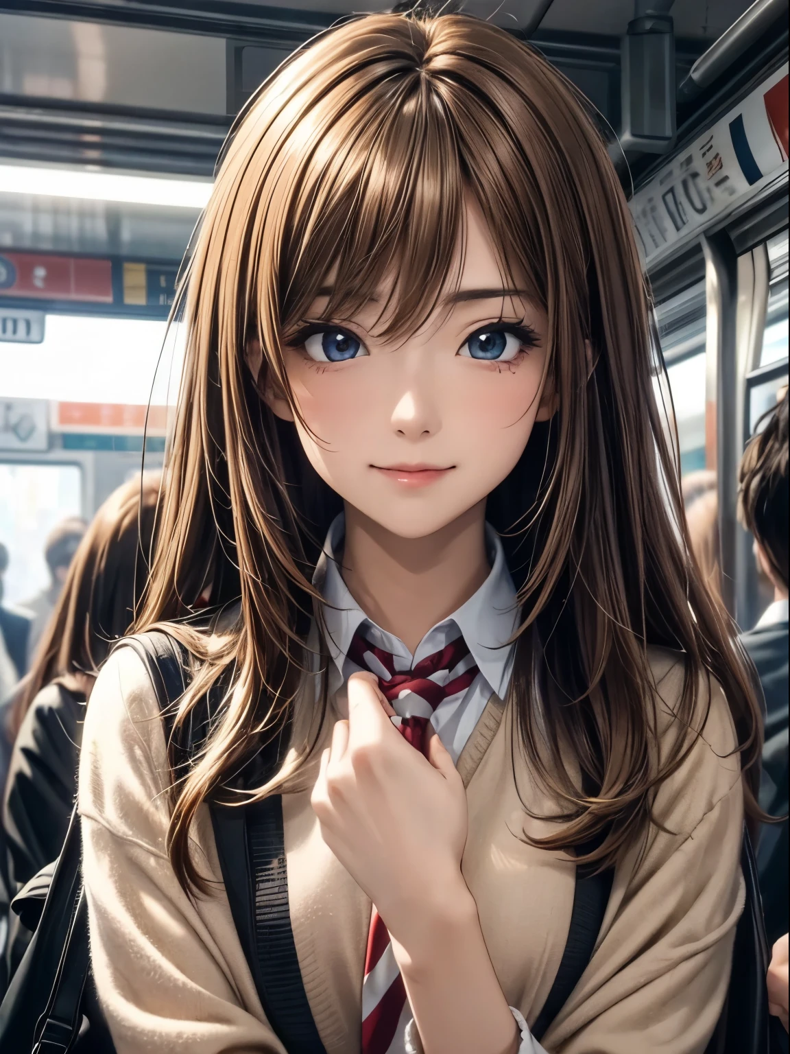 ((masterpiece)), ((best quality)), (ultra-detailed), ((extremely detailed)), 4K, (8K), best quality, (beautiful), anime style, full body, focus on the face, full body focus, In a crowded train, a cute girl, 1girl, solo, school uniform, young entertainer, beautiful light brown hair, beautiful brown eyes, ((beautiful eyes)), short hair, light smile, shiny-glistening, gleaming,professional lighting