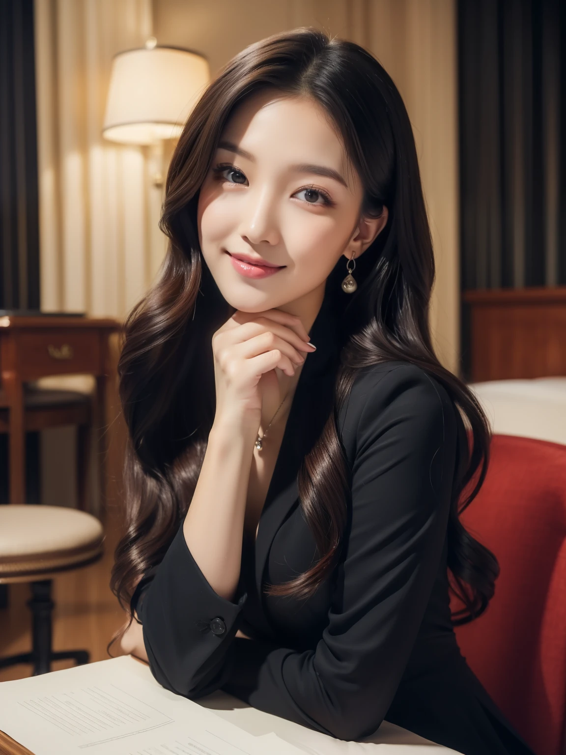 ((Top quality, 8K, Masterpiece: 1.3)), Beautiful girl, Pure, Melon face, Kind and cute, Sweet smile, Pure desire, Slender body, (Front), (Tilted head), (Looking at camera), Wearing a dark purple suit, black silky long hair, long flowing shoulders, round black big eyes, clear big eyes, moist red lips, sweet, sitting on a chair, hotel room background, (waist shot),