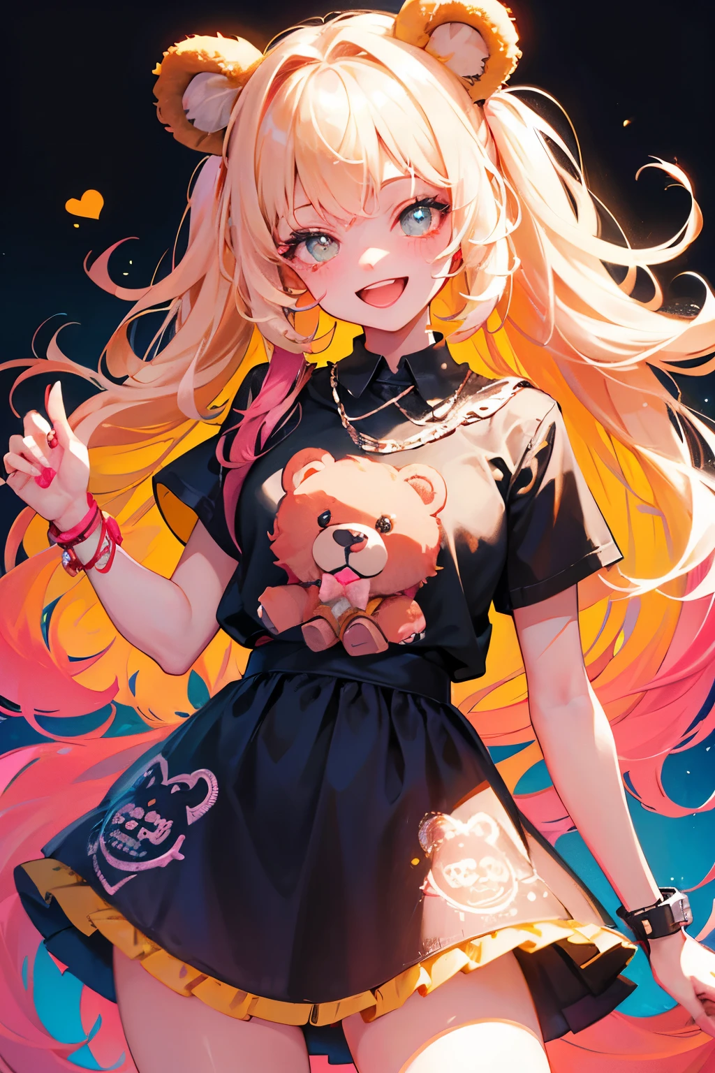 （illustratio：1.3）Teddy bear with girl smiling with open mouth,Painted with multicolored inks,Punk style,Innocent Teddy Bear,Radiant,Delicate,high-level image quality,Honey is dripping