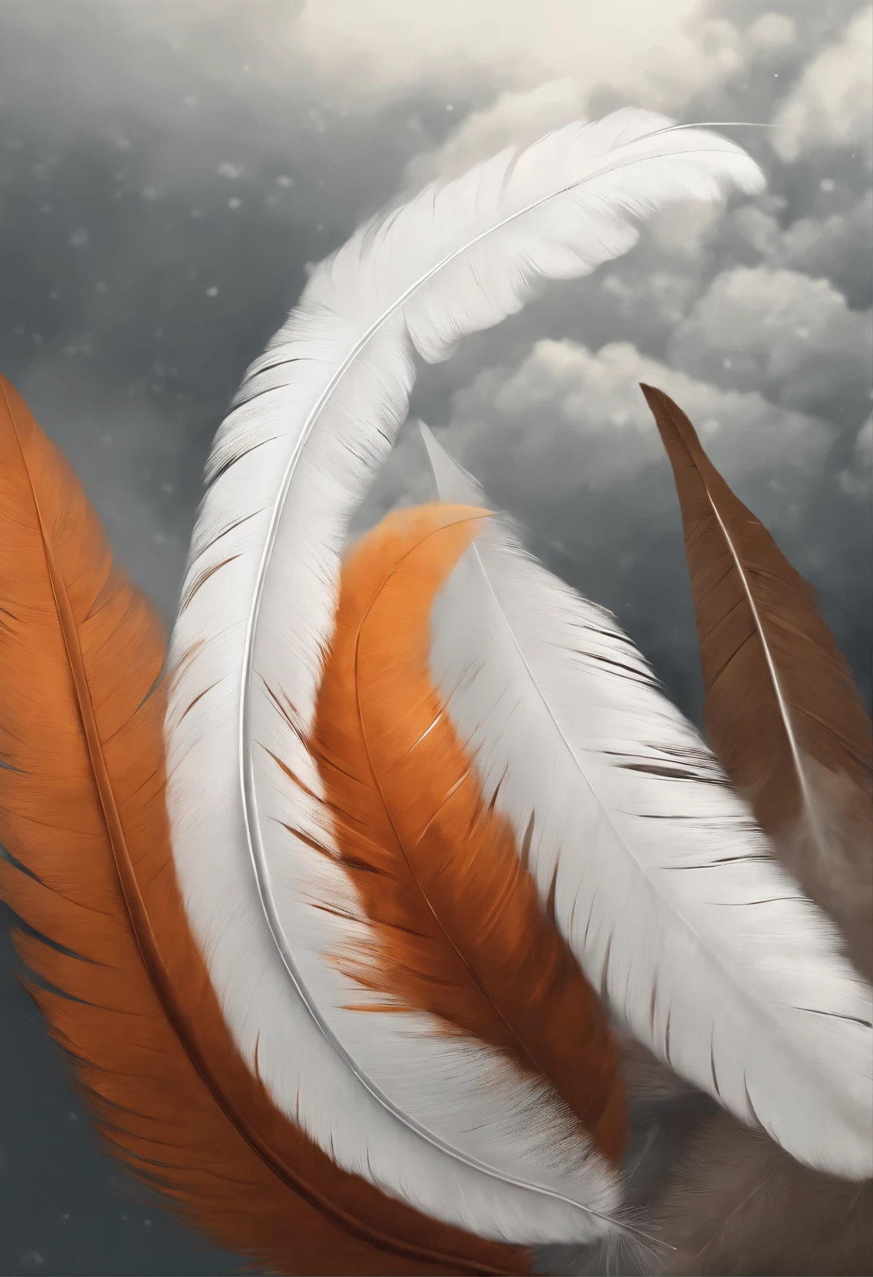 Close-up of falling bird feathers, Color (White, Brown, Orange,gray in color, Colored) Spinning, fall with the clouds, wind feather, fluffy clouds, casimir art, illustration of shigenori soejima, boris valejo. Detailed drawing