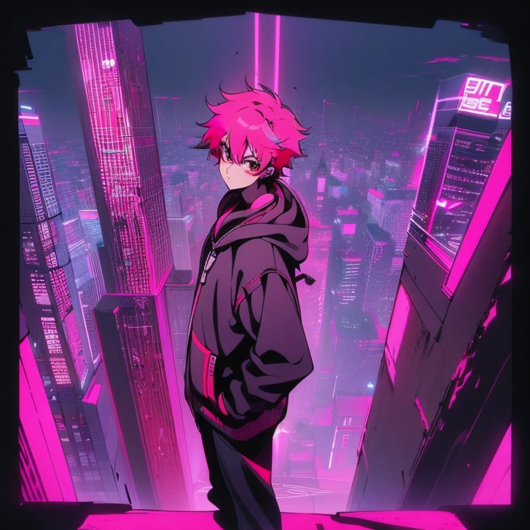 (short-cut), (Two-block hair), (vivid pink hair), (male character), (Red Eyes), (Cool pose), (of the highest quality), (masterpiece), (ultra-detailliert), (Oversized hoodies), (Street), (neons), (Camera from low angle), (Modern City), (neonsデイライト), (Cinematic), (Stylish), (hight resolution), (Hyper Detailed), (Looking at the camera), (Anime-style), (Softtown), (nightcore), (a handsome man), (Listening to music through headphones), (natural appearance of the building), (casual), (ig studios anime style), (Standing Pose), (multi-angle view),