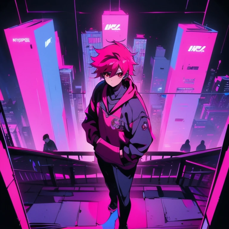 (short-cut), (Two-block hair), (vivid pink hair), (male character), (Red Eyes), (Cool pose), (of the highest quality), (masterpiece), (ultra-detailliert), (Oversized hoodies), (Street), (neons), (Camera from low angle), (Modern City), (neonsデイライト), (Cinematic), (Stylish), (hight resolution), (Hyper Detailed), (Looking at the camera), (Anime-style), (Softtown), (nightcore), (a handsome man), (Listening to music through headphones), (natural appearance of the building), (casual), (ig studios anime style), (Standing Pose), (multi-angle view),