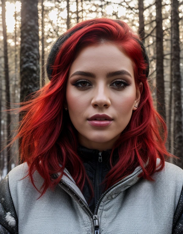 beautiful girl, (full body portrait), short bright red disheveled hair, black eyeshadow, (street style wear:1.2), (winter forest in the background:1.2), , dark makeup, digital art, trending on artstation, highly detailed, fine detail, intricate, beautiful detailed glow, detailed, Cinematic light, highres, detailed facial features,sharp focus, smooth, aesthetic, happy, relaxed,(goes for a walk with a dog)