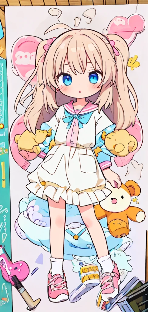 Drawing of a girl wearing a shirt and shoes and holding a teddy bear, a Manga Drawing, an Anime Drawing, by Naka Bokunen, clean anime outlines, Manga Drawing, line-drawing!!, small girl, anime sketch, As an anime character, full body portrait of a short!, anime style character, anime style drawing, Anime Drawing, full body character drawing