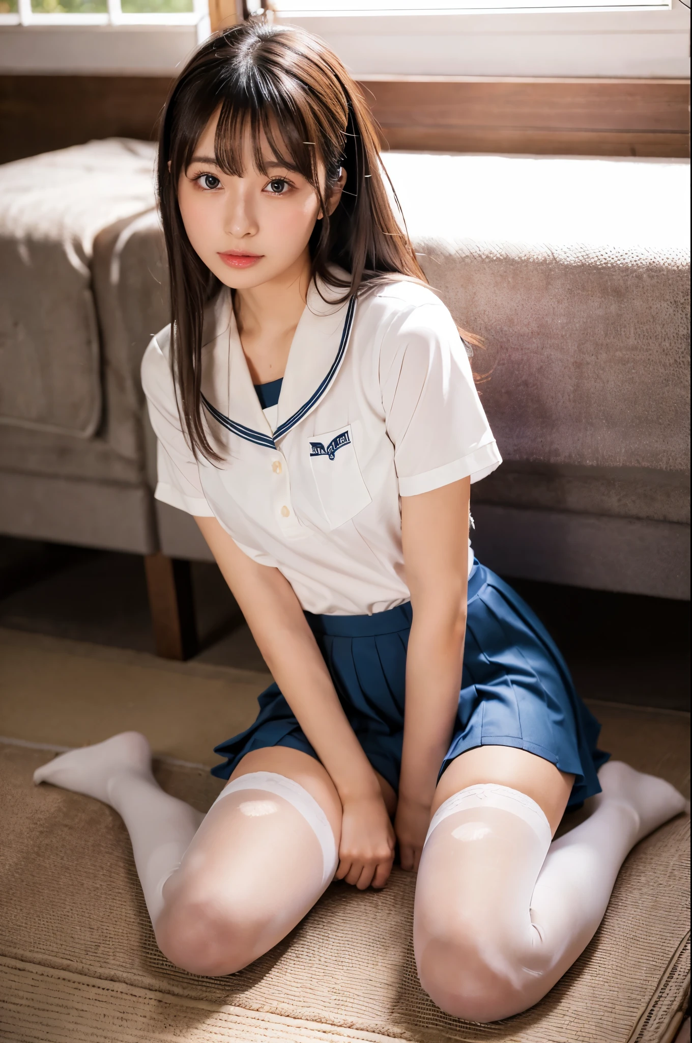 top quality, ultra-high resolution, depth of field, (full-body shot), (one Japan girl in a sailor suit, petite, with small breasts, toned skin), the skirt is dark blue, wearing a red tie, white socks, black loafers, medium hair, grin,