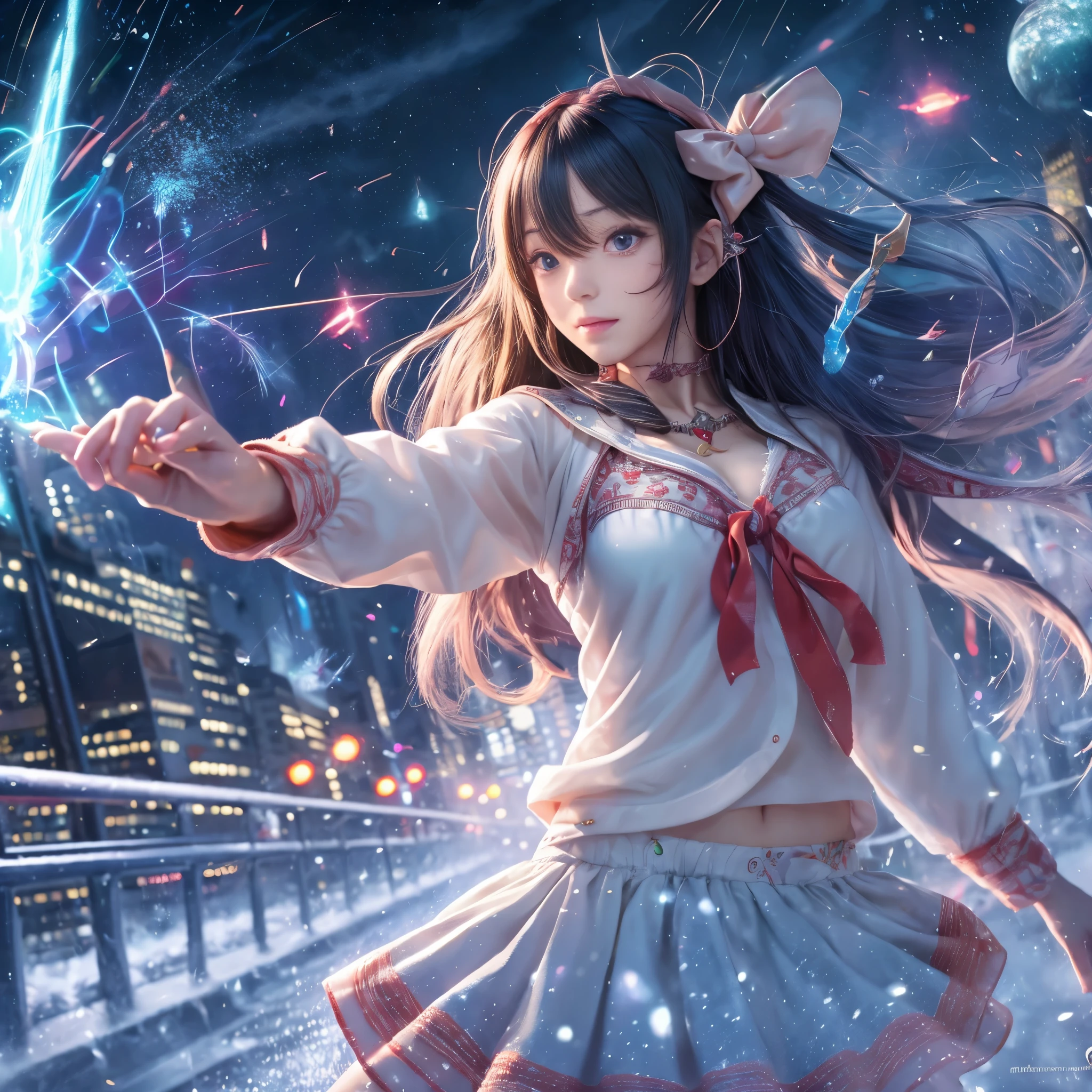 (Raw photo:1.2), (Photorealistic), Beautiful detailed girl, Very detailed eyes and face, Beautiful detailed eyes, Huge file size, High resolution, Very detailed, Best Quality, [masutepiece:1.6], Illustration, Very detailed, Fine detail, Best Quality, 8K Wallpaper, Movie Lighting,15-year-old high school girl, , Snowy night sky, night cityscape, Unleash magic from your hands, Fantastic sight,Underwear, Bun hair, Underwearで,White bra,  You can see the white panties, Slim body, Young Face, Smaller chest, Immature body, sparkling magic