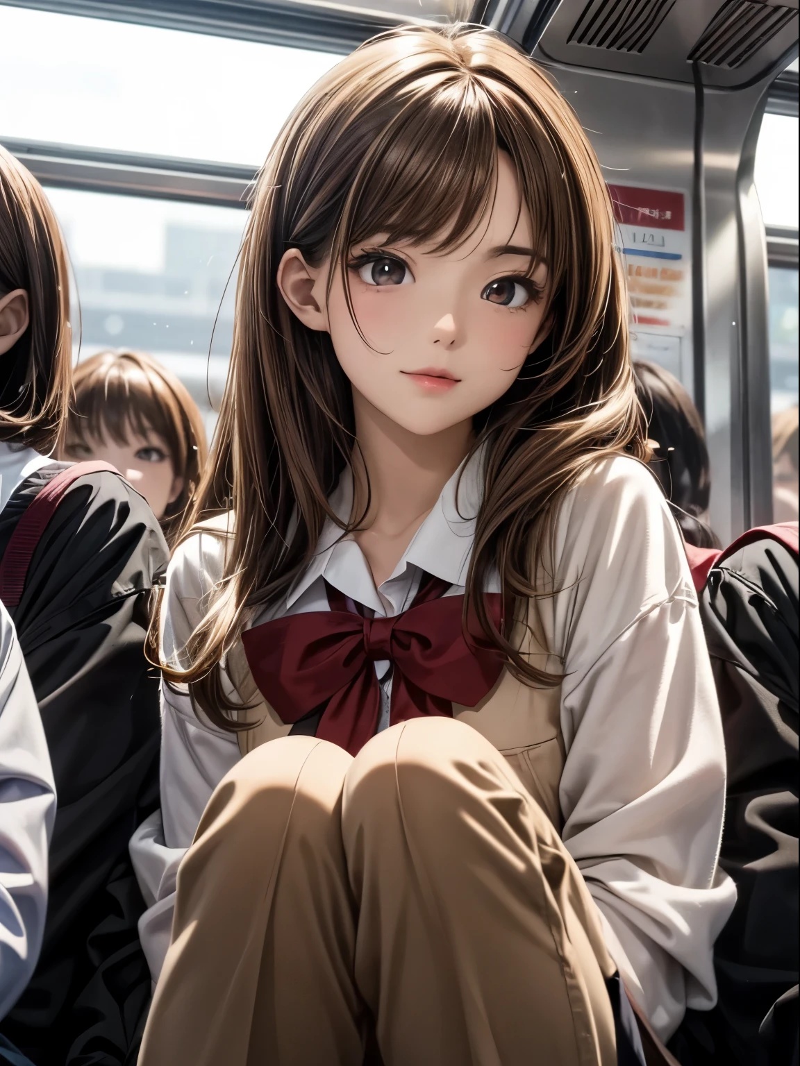 ((masterpiece)), ((best quality)), (ultra-detailed), ((extremely detailed)), 4K, (8K), best quality, (beautiful), anime style, full body, focus on the face, full body focus, In a crowded train, a cute girl, 1girl, solo, school uniform, young entertainer, beautiful light brown hair, beautiful brown eyes, ((beautiful eyes)), short hair, light smile, shiny-glistening, gleaming,professional lighting