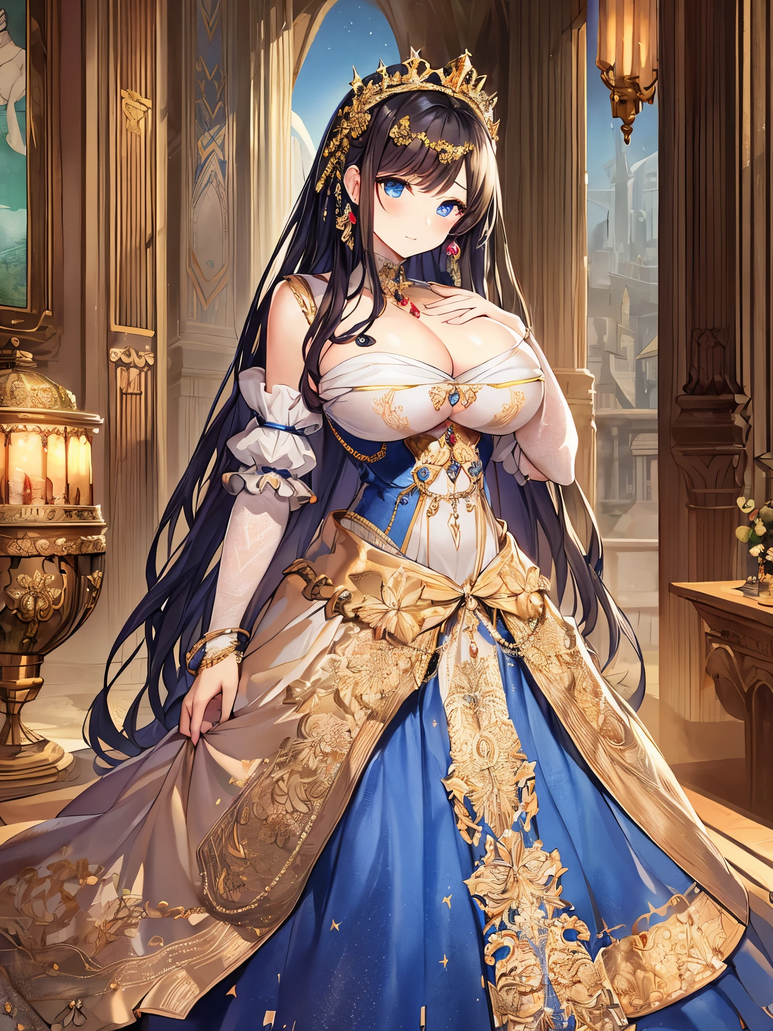 ((anime artstyle)),(Masterpiece),(Best Quality), (Super Detail),((Very Delicate and Beautiful)),(((Solo))),((full body)),(((1 princess in gorgeous princess rococo ballgown with voluminous hoop skirt))),((crinoline)),Long train,((bling-bling)),((beautiful embroidery and jeweled ballgown dress)),(gorgeousfull embroidery and lace),(gorgeous gemstone jewelry),detailed face and eyes,jewel-like eyes,((extremely voluminous straight Hair,Very Long Straight Hair)),(((gigantic boobs))),cleavage,gorgeousfull hair ornament,((gorgeousfull glitter jeweled tiara)),throne room,(standing in castle ballroom),luxury palace,((Dynamic Angle)),Looking at viewer,((gorgeous princess rococo ballgown with voluminous hoop skirt)),full body
