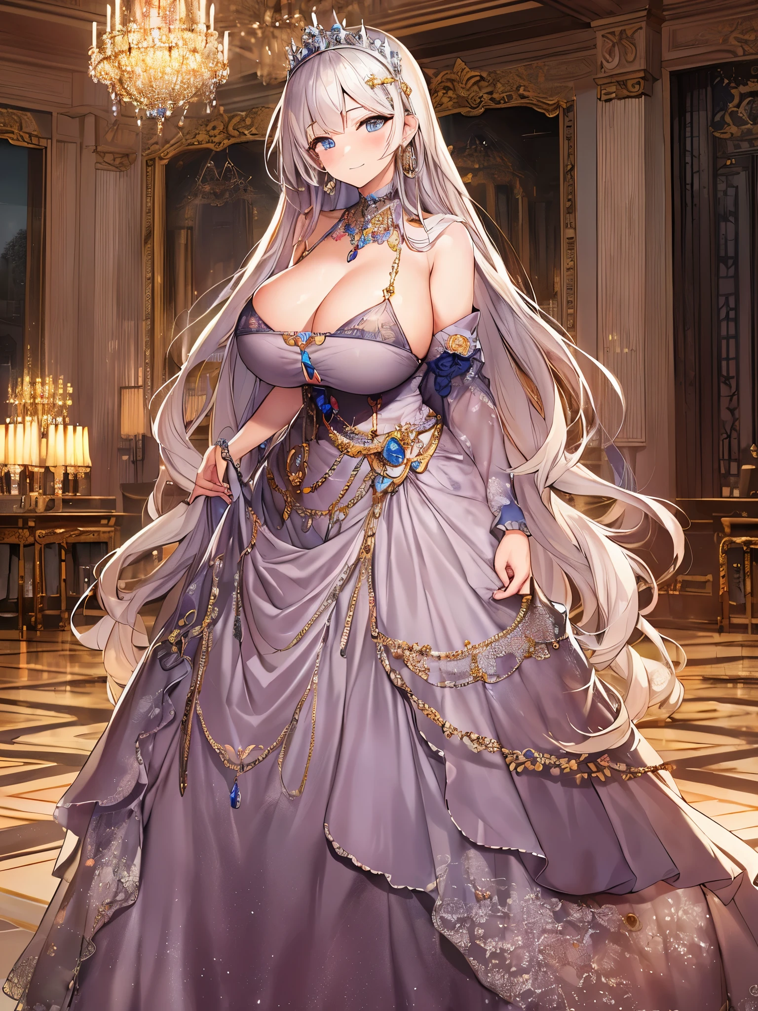 ((anime artstyle)),(Masterpiece),(Best Quality), (Super Detail),((Very Delicate and Beautiful)),(((Solo))),((full body)),(((1 princess in gorgeous princess rococo ballgown with voluminous hoop skirt))),((crinoline)),Long train,((bling-bling)),((beautiful embroidery and jeweled ballgown dress)),(gorgeousfull embroidery and lace),(gorgeous gemstone jewelry),detailed face and eyes,jewel-like eyes,((extremely voluminous straight Hair,Very Long Straight Hair)),(((gigantic boobs))),cleavage,gorgeousfull hair ornament,((gorgeousfull glitter jeweled tiara)),throne room,(standing in castle ballroom),luxury palace,((Dynamic Angle)),Looking at viewer,((gorgeous princess rococo ballgown with voluminous hoop skirt)),full body