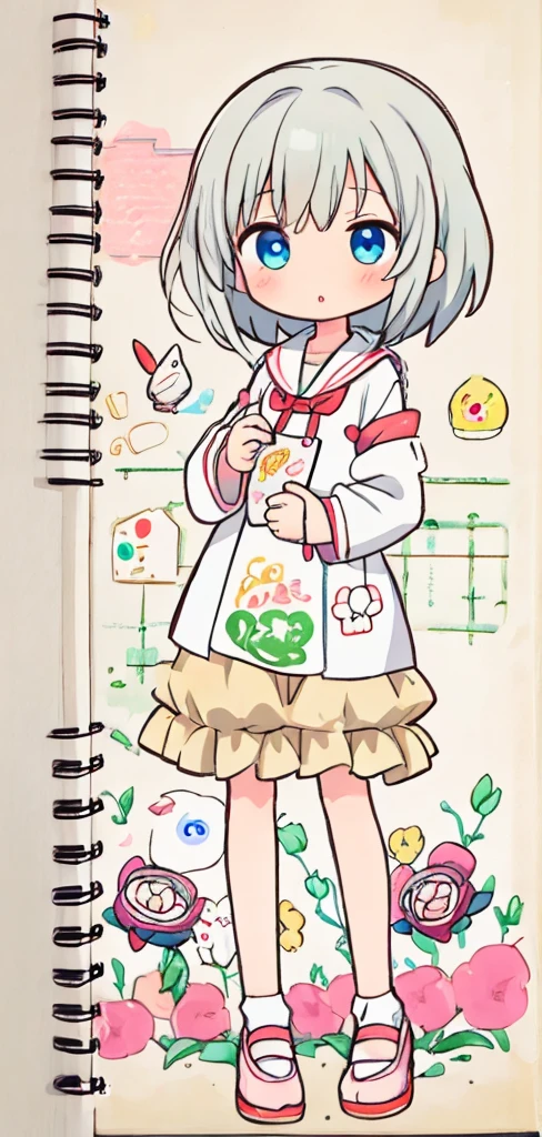 A picture of a girl wearing a shirt and shoes and reading a script, a Manga Drawing, an Anime Drawing, by Naka Bokunen, clean anime outlines, Manga Drawing, line-drawing!!, small loli girl, anime sketch, As an anime character, full body portrait of a short!, anime style character, anime style drawing, Anime Drawing, full body character drawing, What is the title of the book you have in your hand?「Tere East」