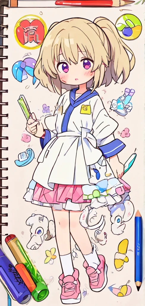 A picture of a girl wearing a shirt and shoes and reading a script, a Manga Drawing, an Anime Drawing, by Naka Bokunen, clean anime outlines, Manga Drawing, line-drawing!!,  girl, anime sketch, As an anime character, full body portrait of a short!, anime style character, anime style drawing, Anime Drawing, full body character drawing, What is the title of the book you have in your hand?「Tere East」